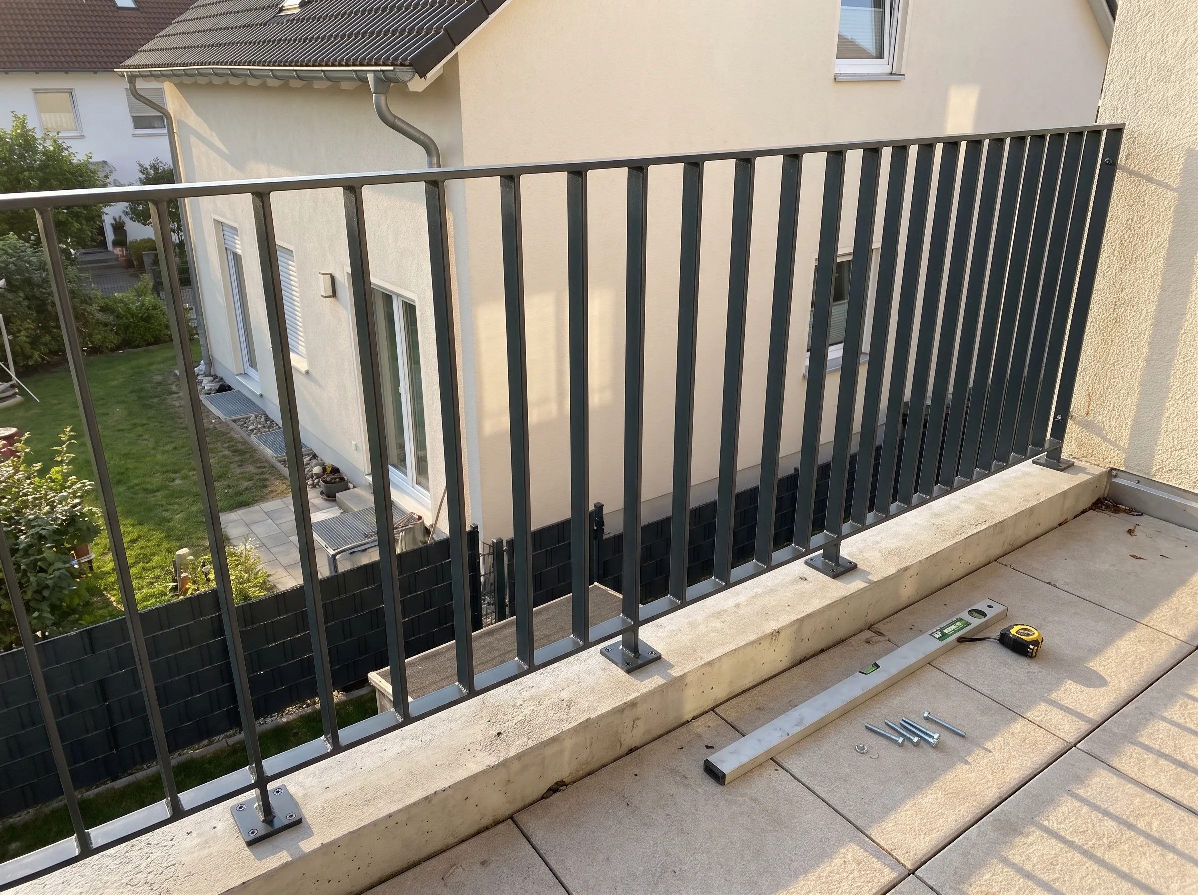 Moderner Balkon mit Stahlgeländer und Sichtschutzzaun im Hintergrund