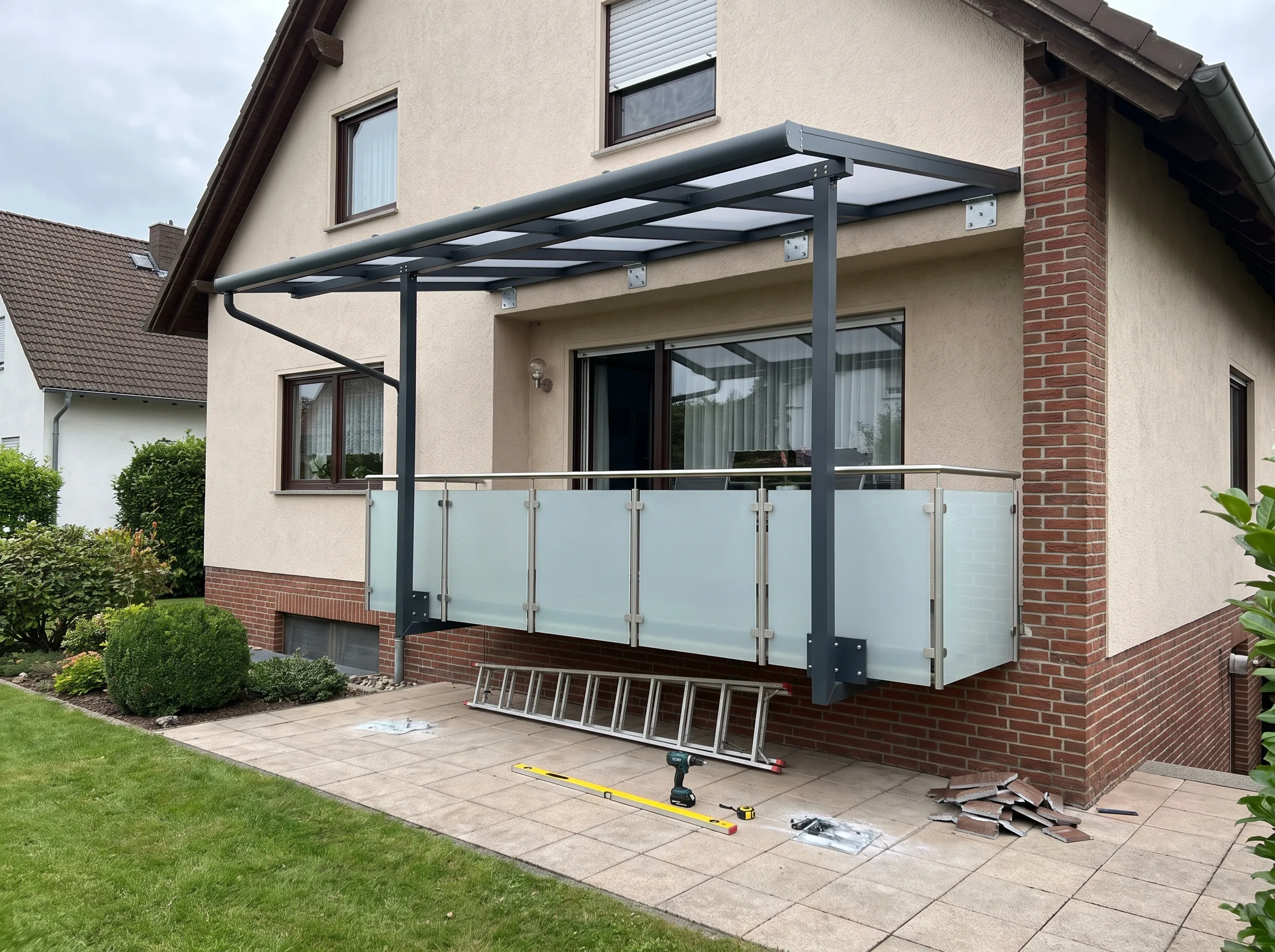 Terrassenüberdachung aus Stahl mit Glasabtrennung und Zugang zum Garten