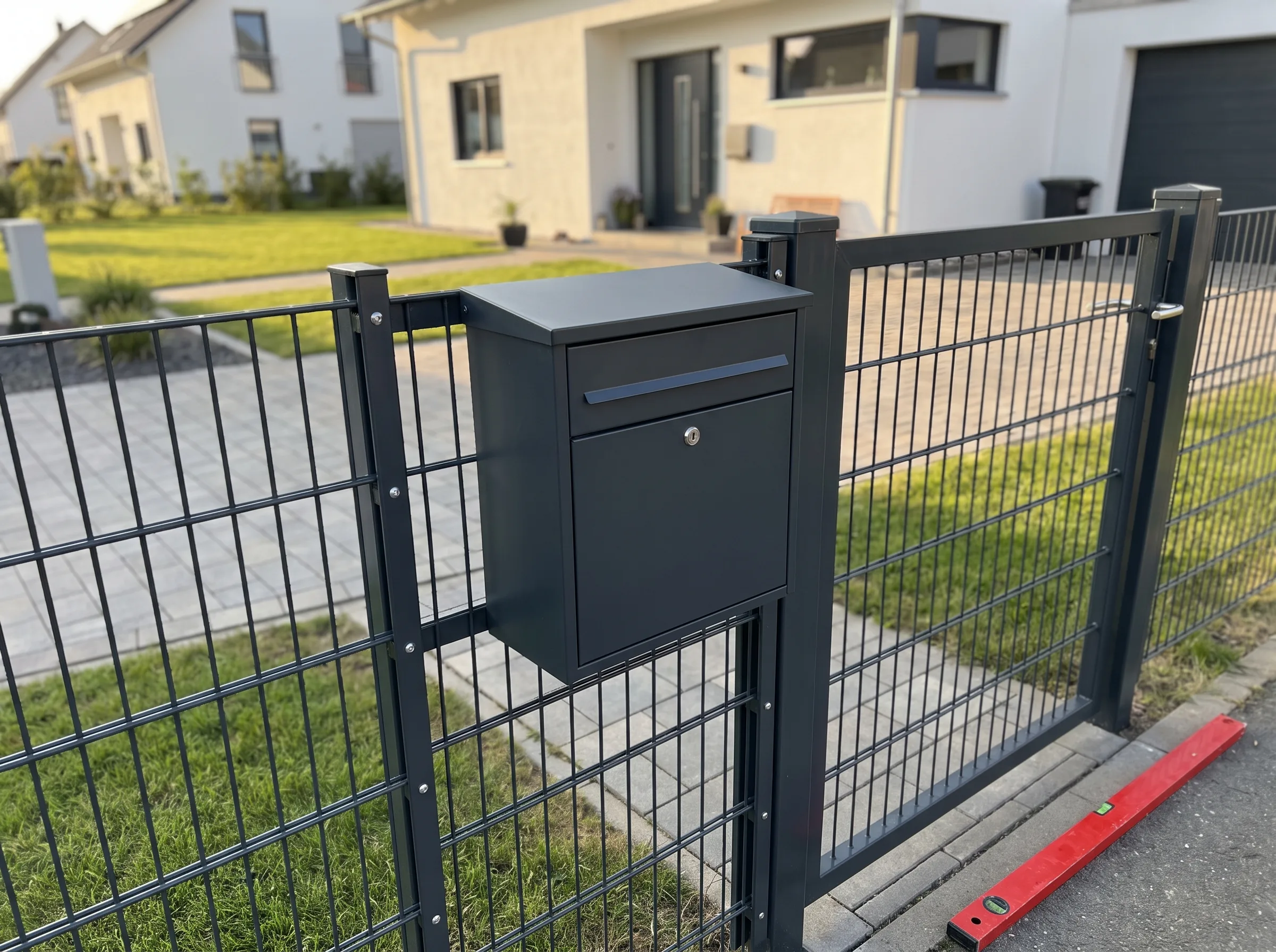 Briefkasten an einem modernen Zaun mit Grundstück im Hintergrund