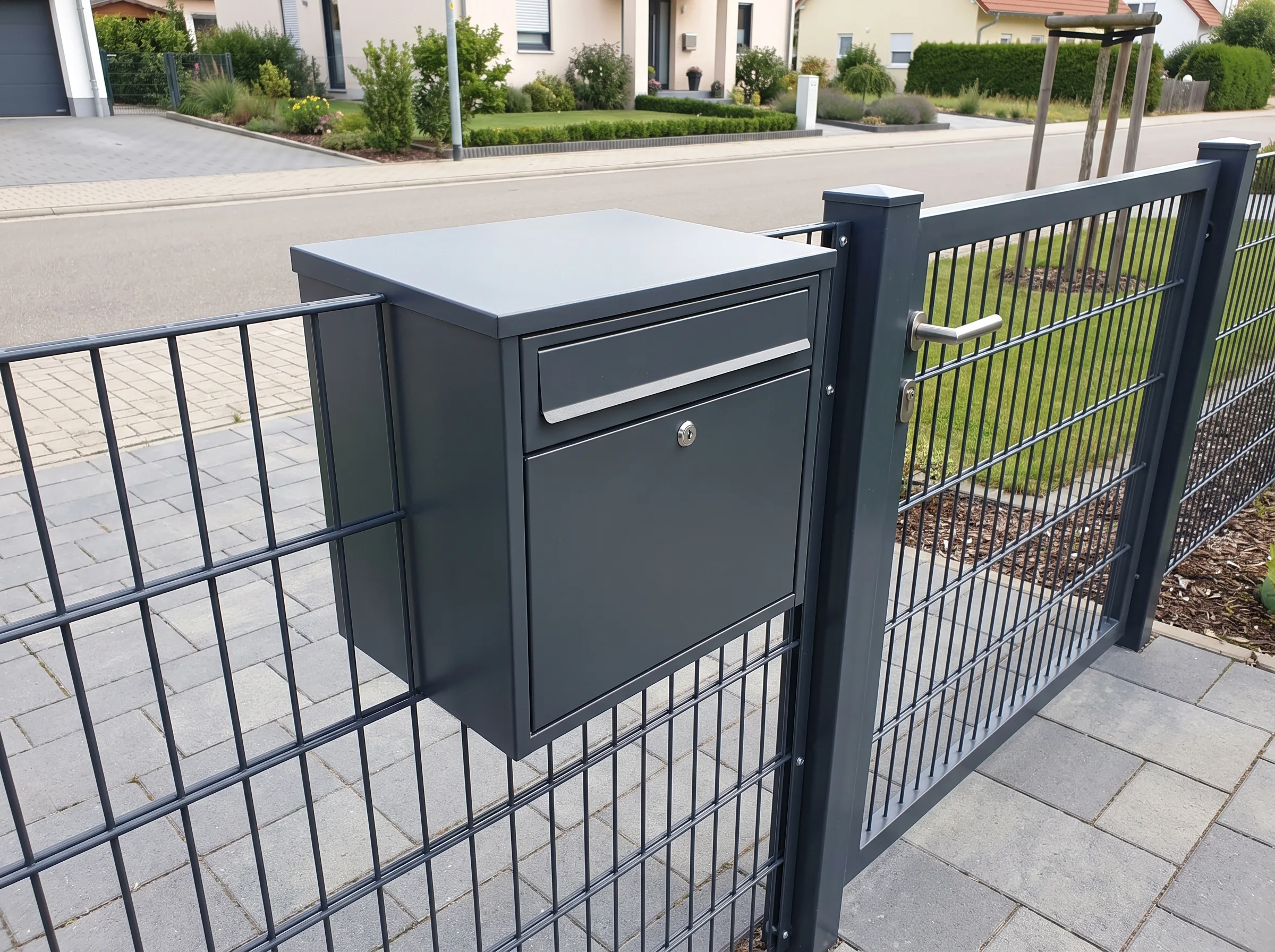 Postkasten an einem modernen Metallzaun mit Gartentor