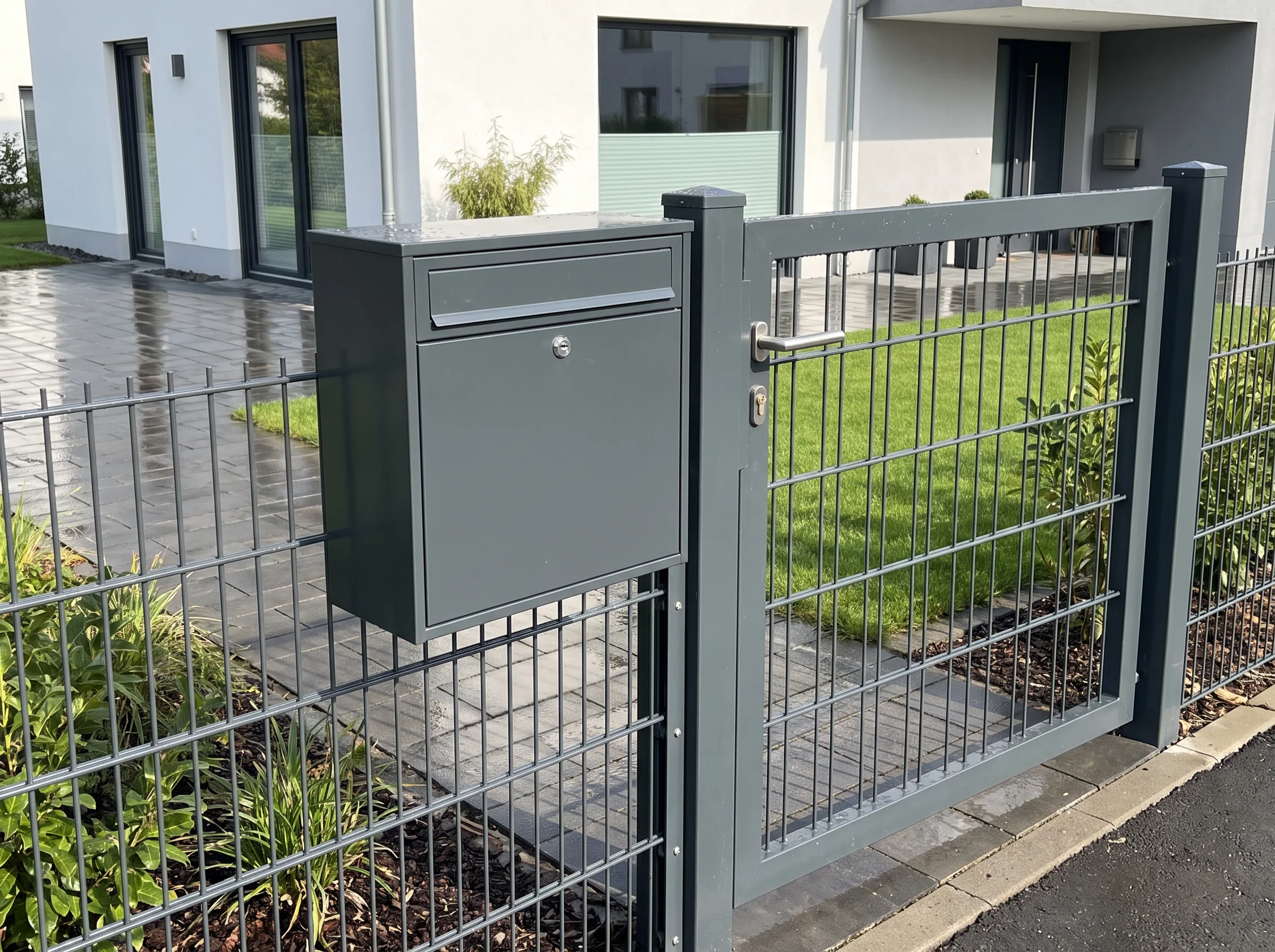 Briefkasten an einem modernen Zaun vor einem gepflegten Garten