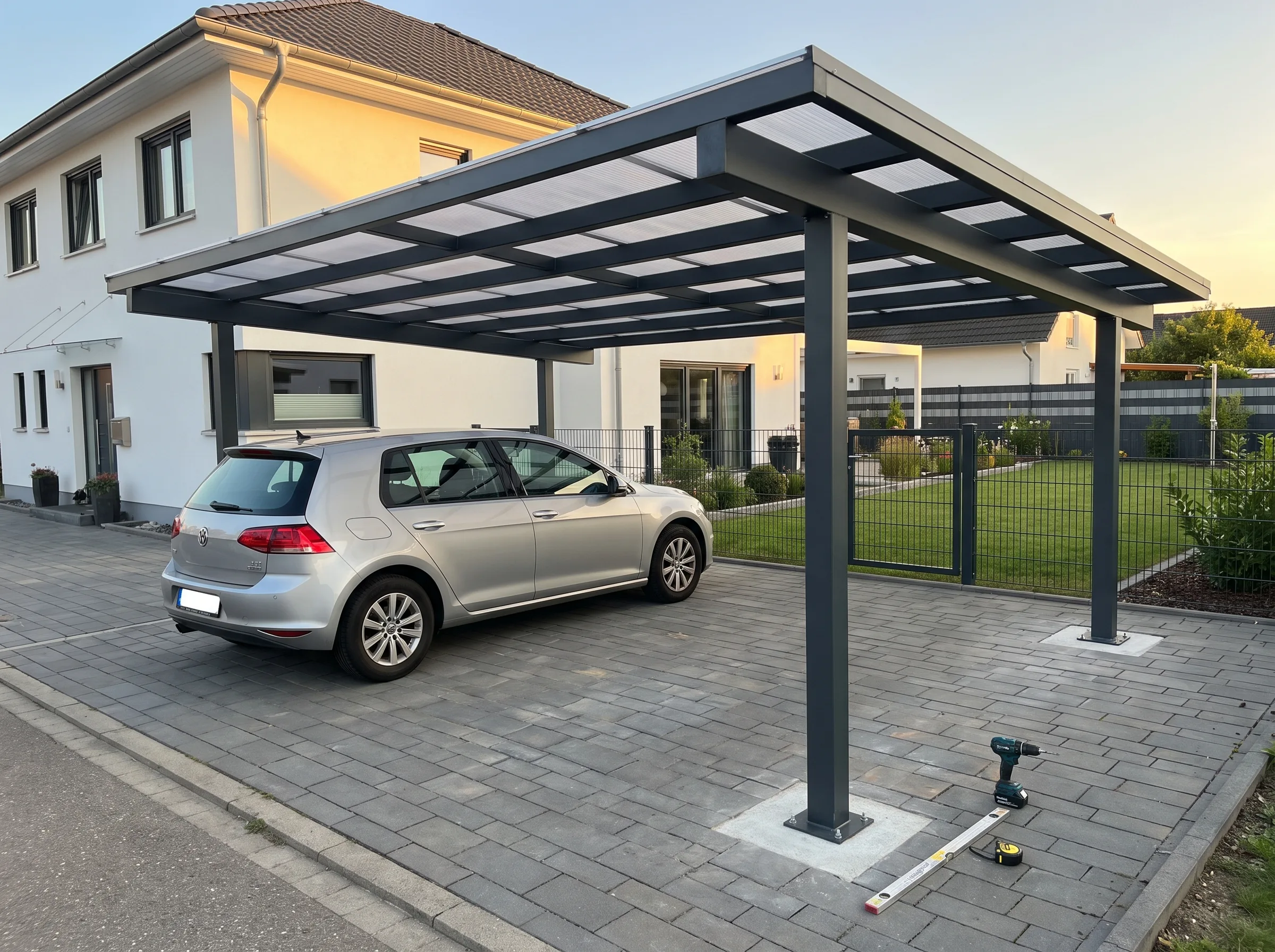 Carport aus hochwertigen Materialien mit einem Fahrzeug darunter in einer modernen Umgebung