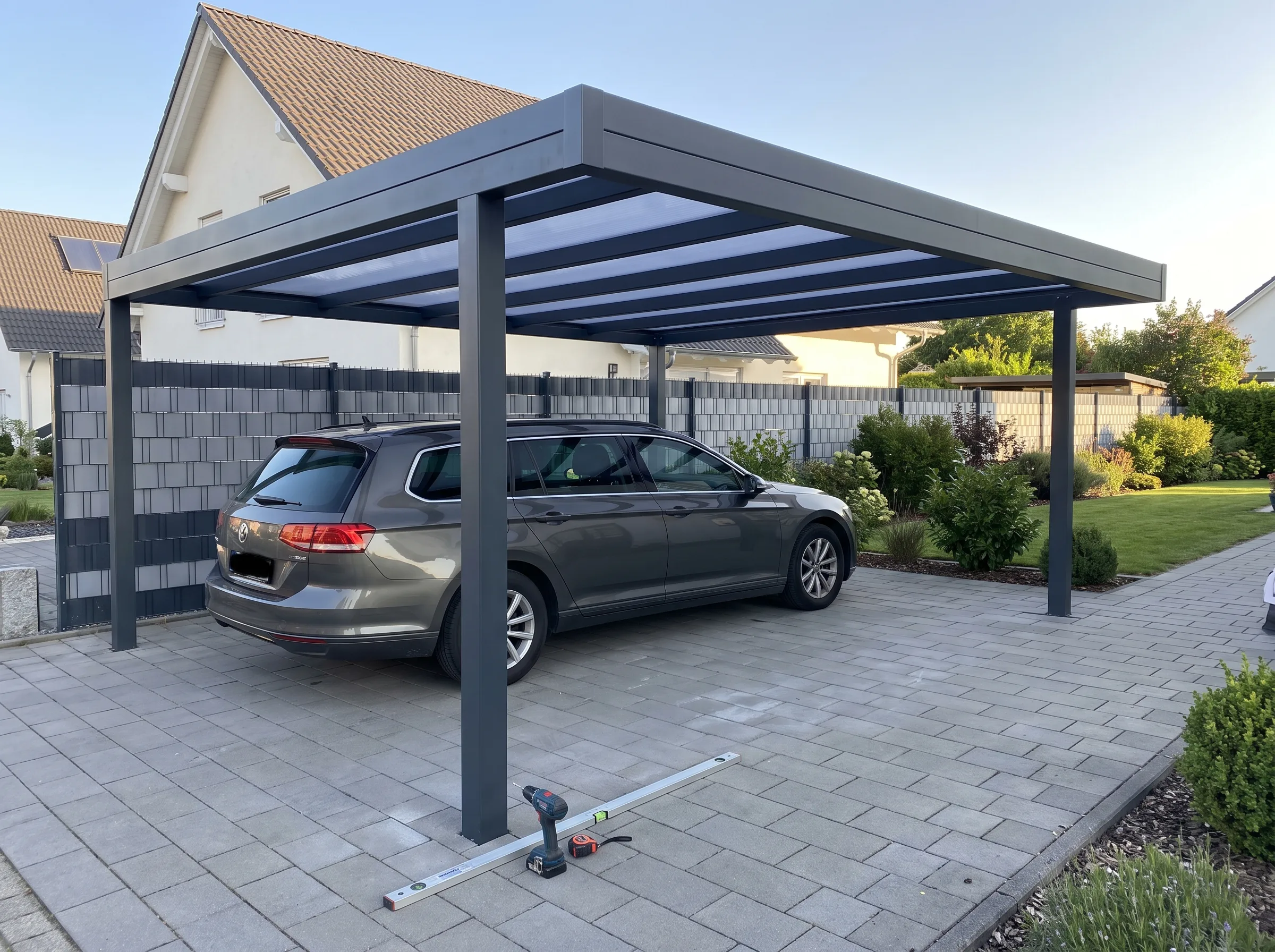 Moderne Carport Konstruktion mit grauem Fahrzeug und gepflastertem Parkplatz im Hintergrund
