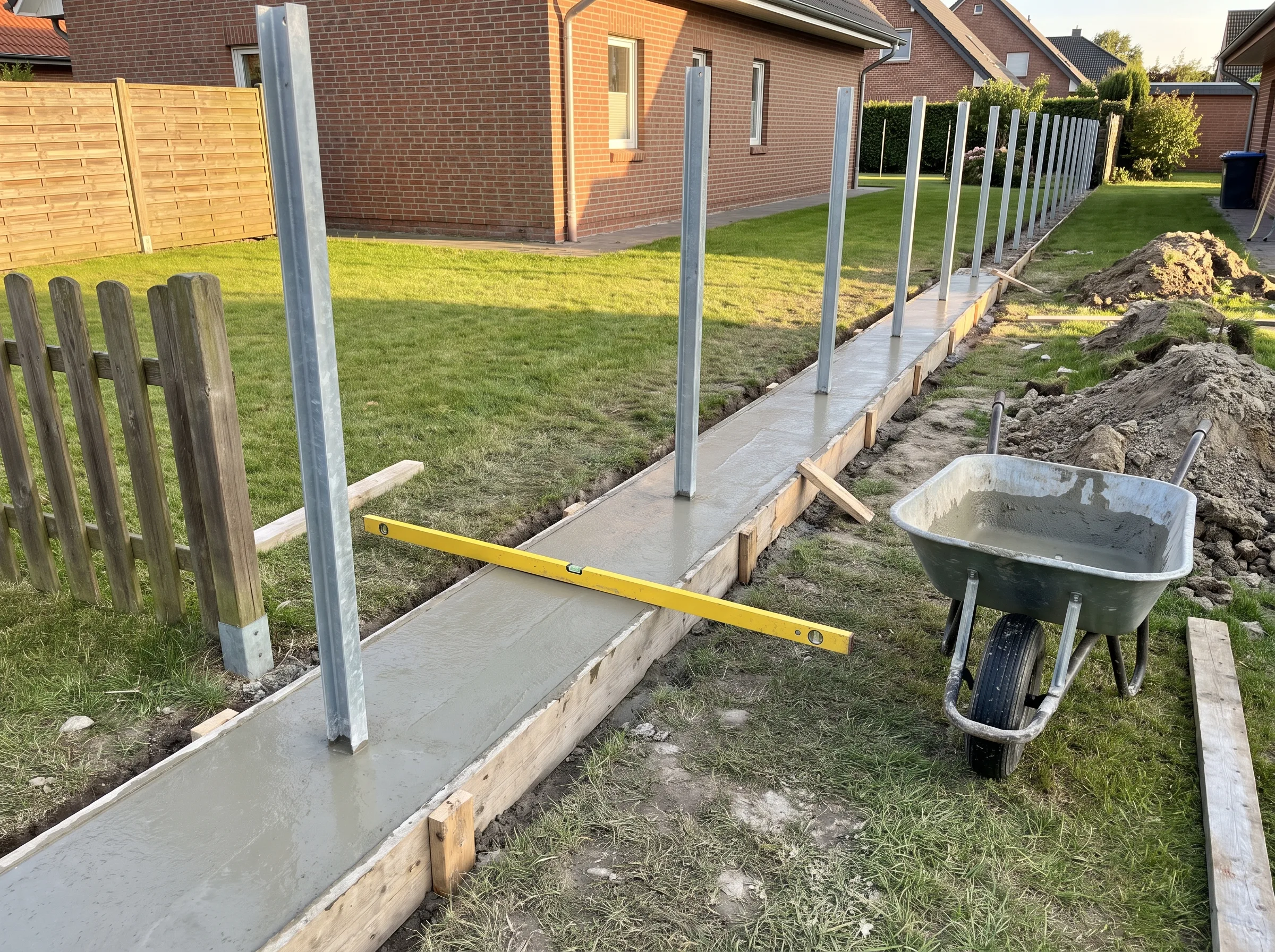 Sichtschutzzaun aus Beton in Montage mit seitlichen Pfosten auf frischem Fundament