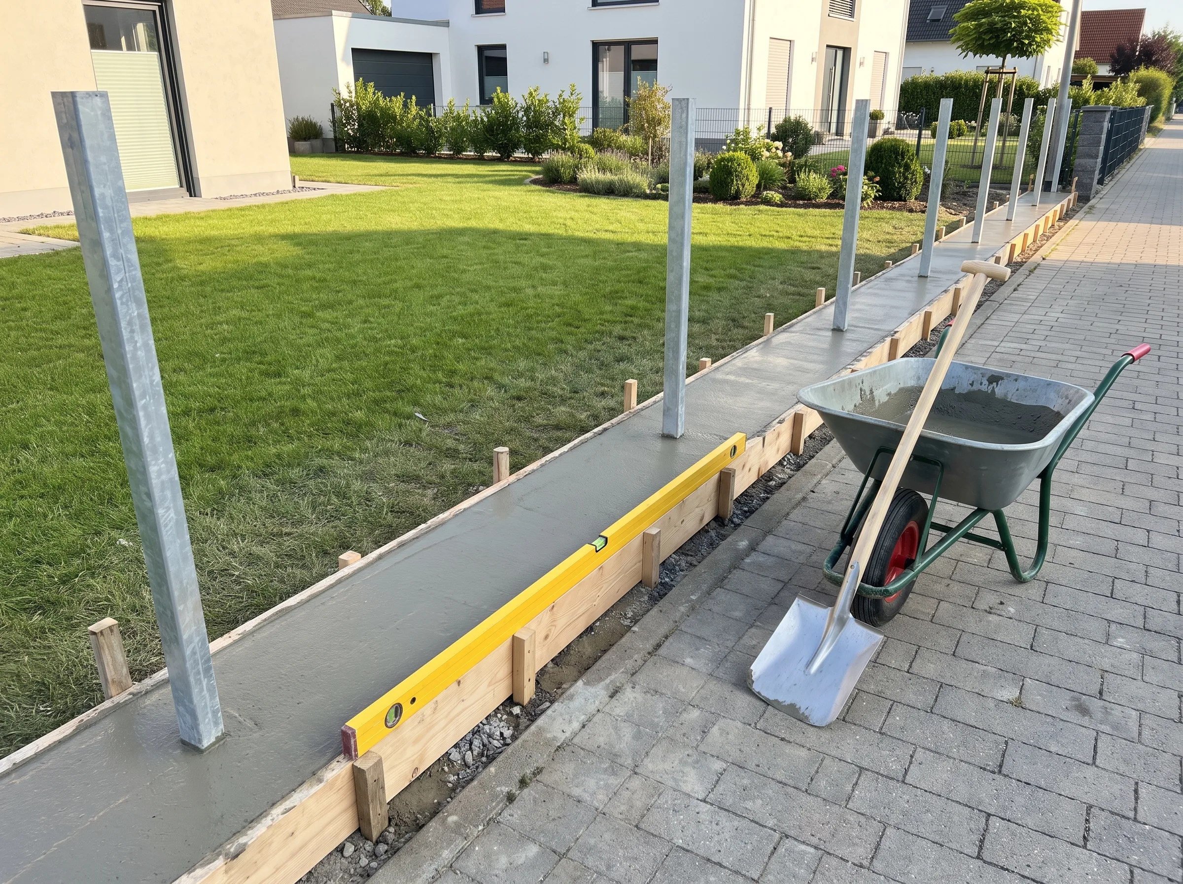 Sichtschutzzaun mit Betonfundament in der Bauphase, Werkzeug bereit zur Verwendung