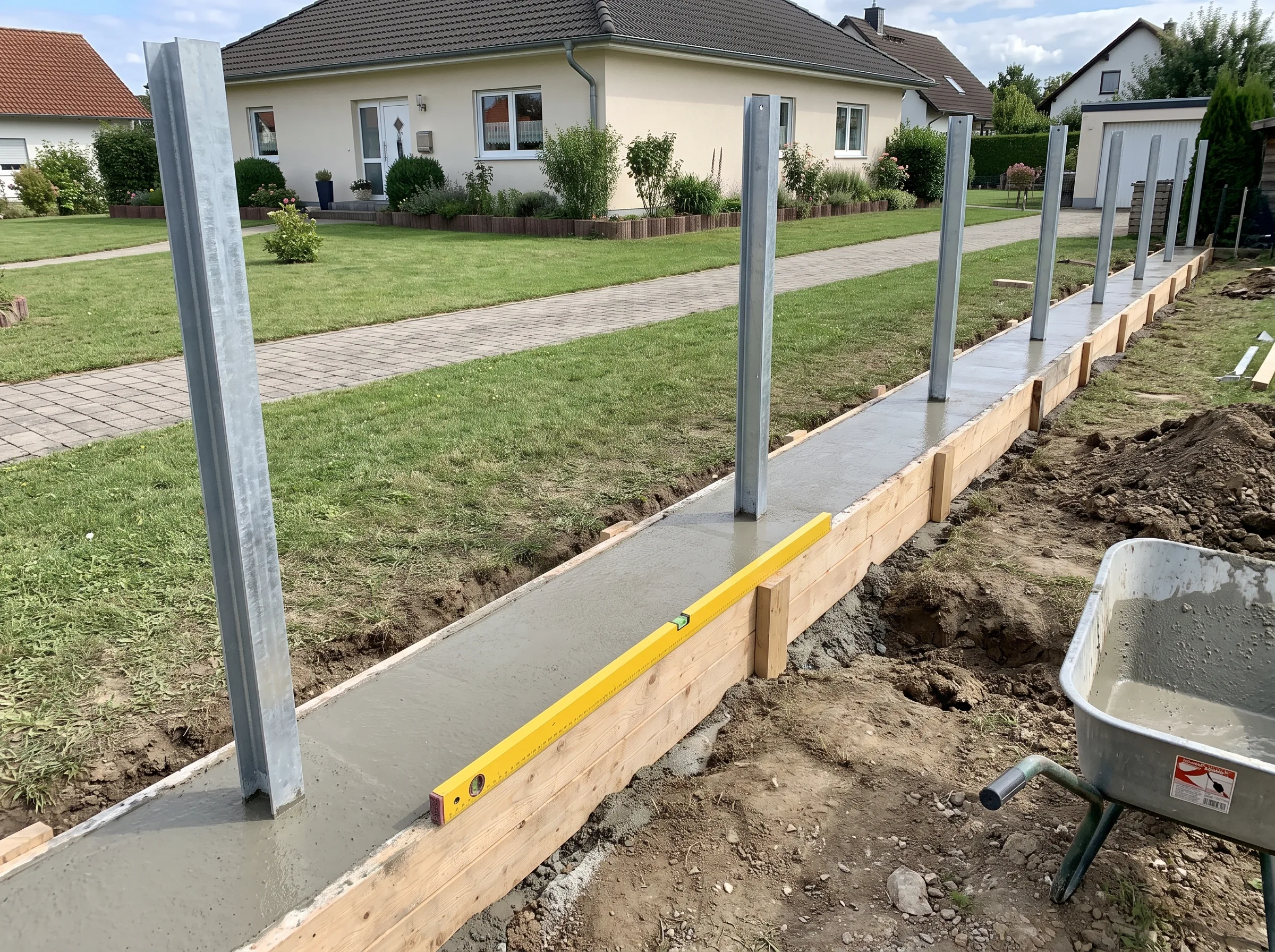 Zaunmontage mit Betonfundament und vertikalen Pfosten im Vordergrund