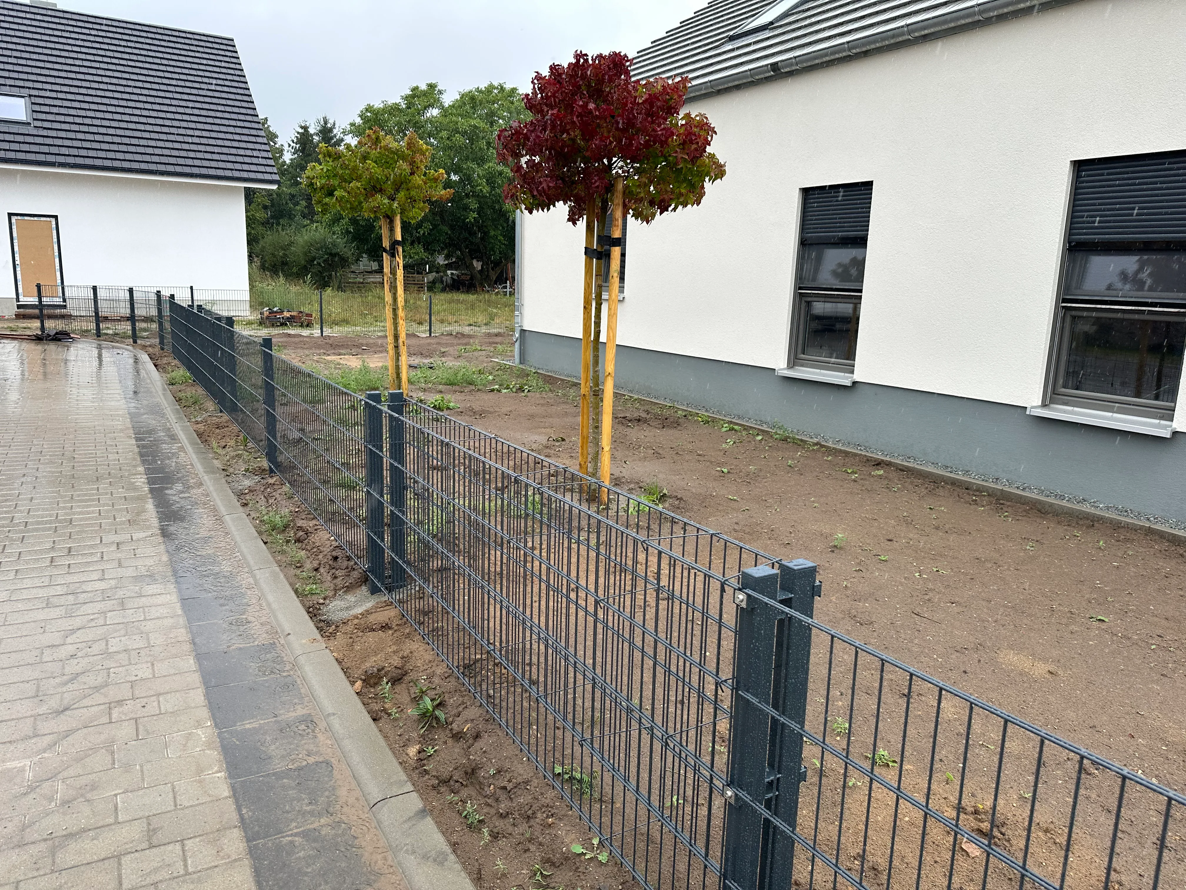 Doppelstabmattenzaun schützt den Gartenbereich mit Bäumen im Hintergrund