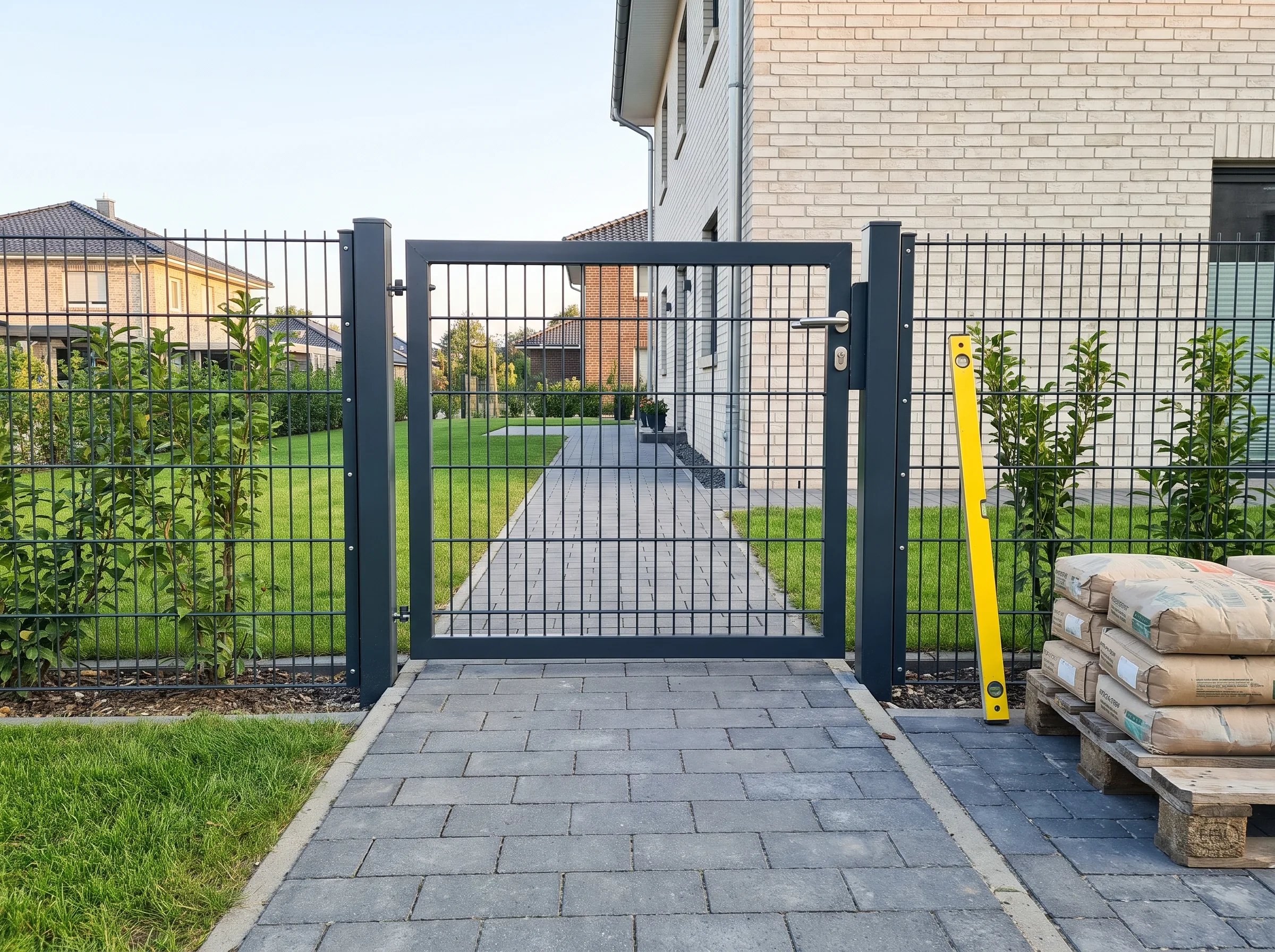 Moderner Zaun mit Gartentor in einem gepflegten Garten