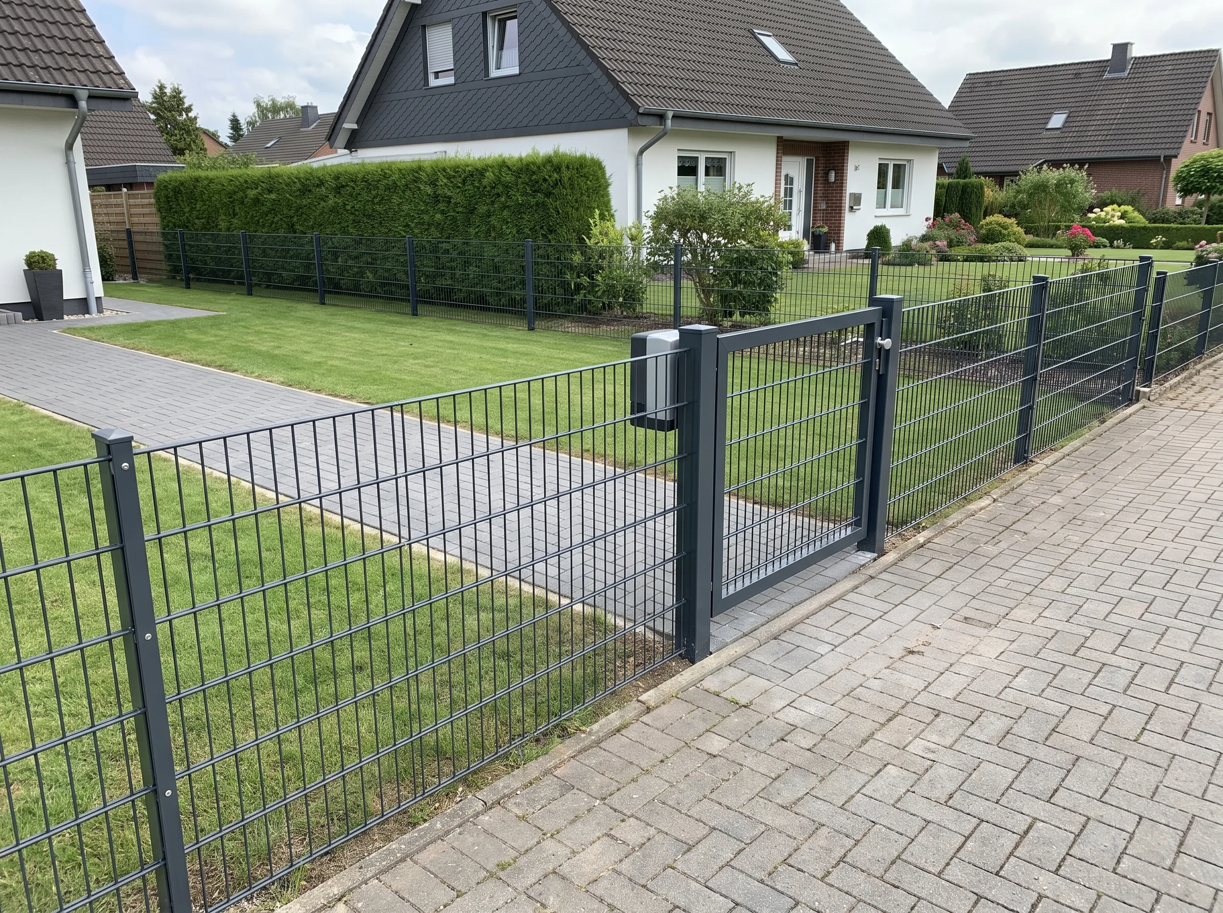 Moderner Doppelstabmattenzaun mit Gartentor in einer gepflegten Wohnlandschaft