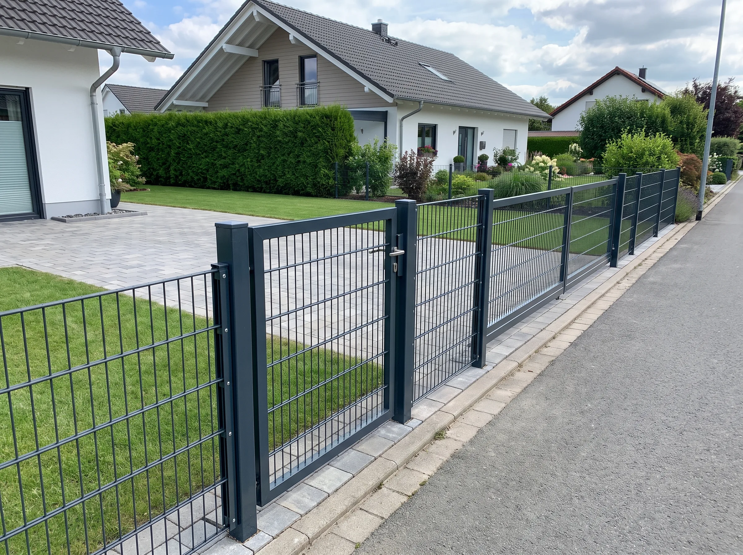 Moderner Doppelstabmattenzaun um ein Wohnhaus mit gepflegtem Garten