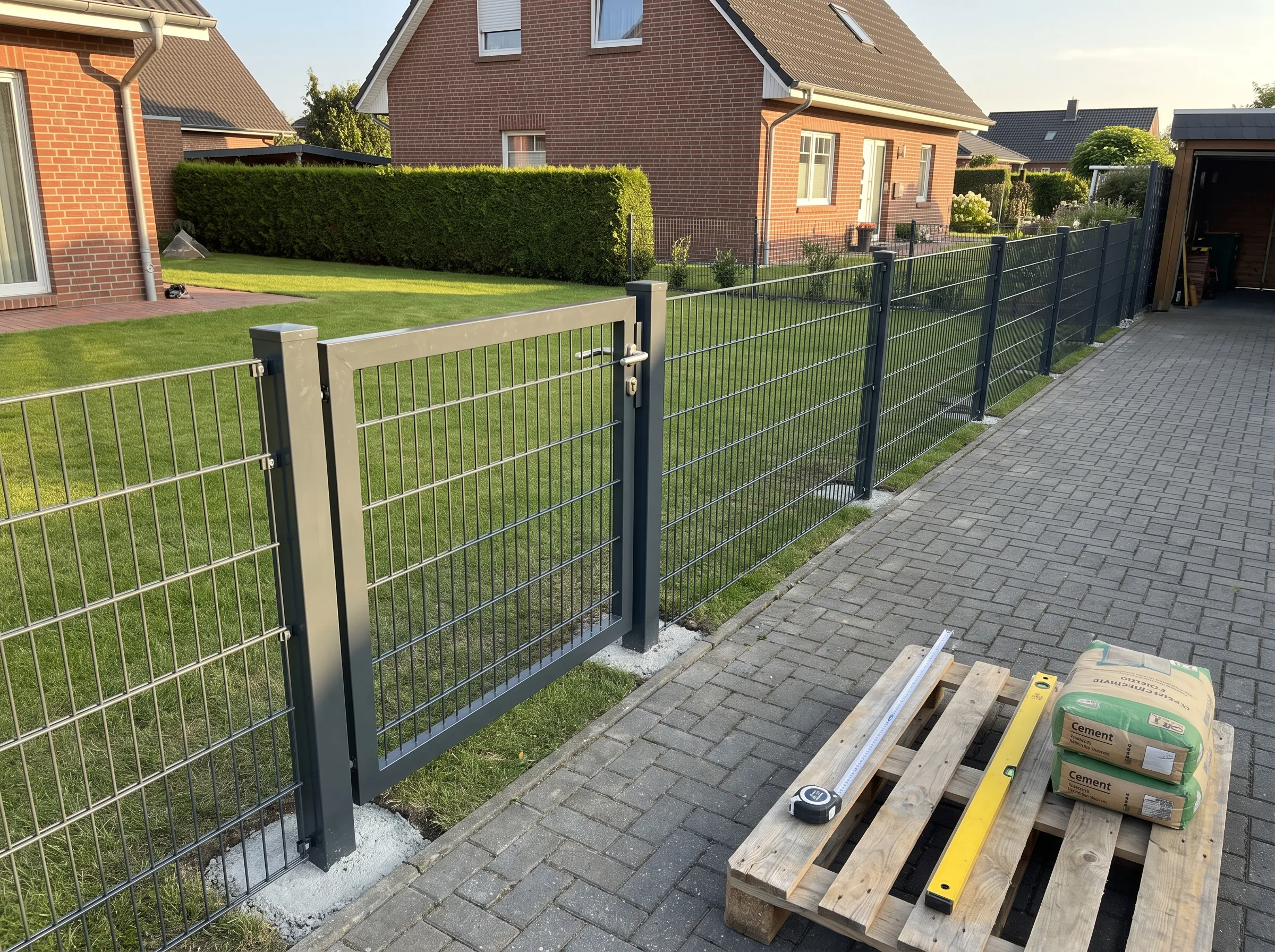 Moderner Doppelstabmattenzaun mit Gartentor und gepflastertem Weg