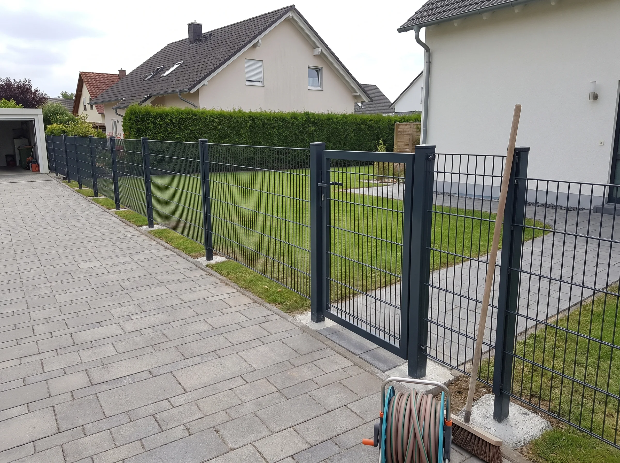 Moderner Doppelstabmattenzaun um einen gepflegten Garten mit Zugangstor