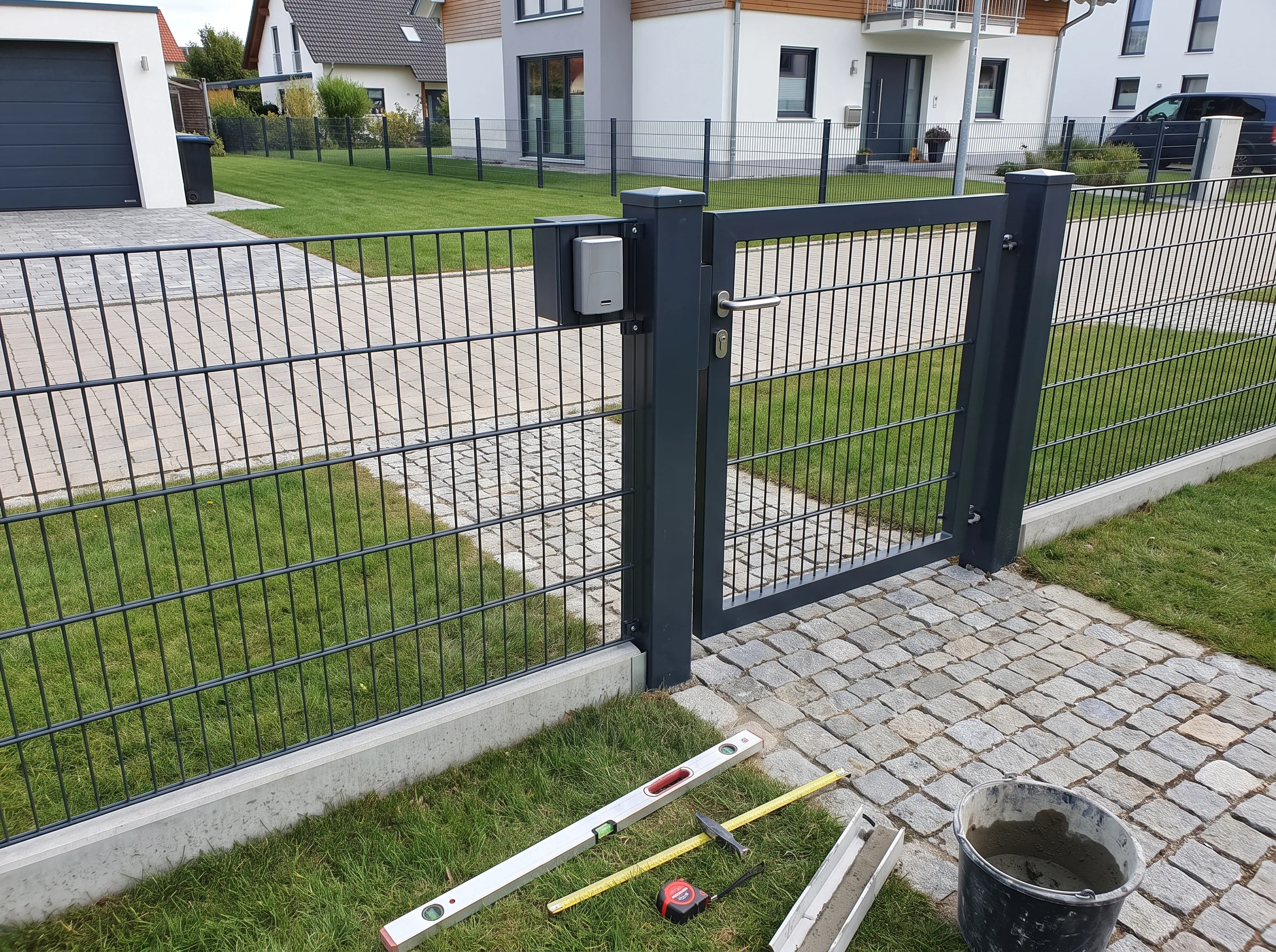 Modernes Gartentor mit elektrischer Türsprechanlage und hochwertigem Doppelstabmattenzaun