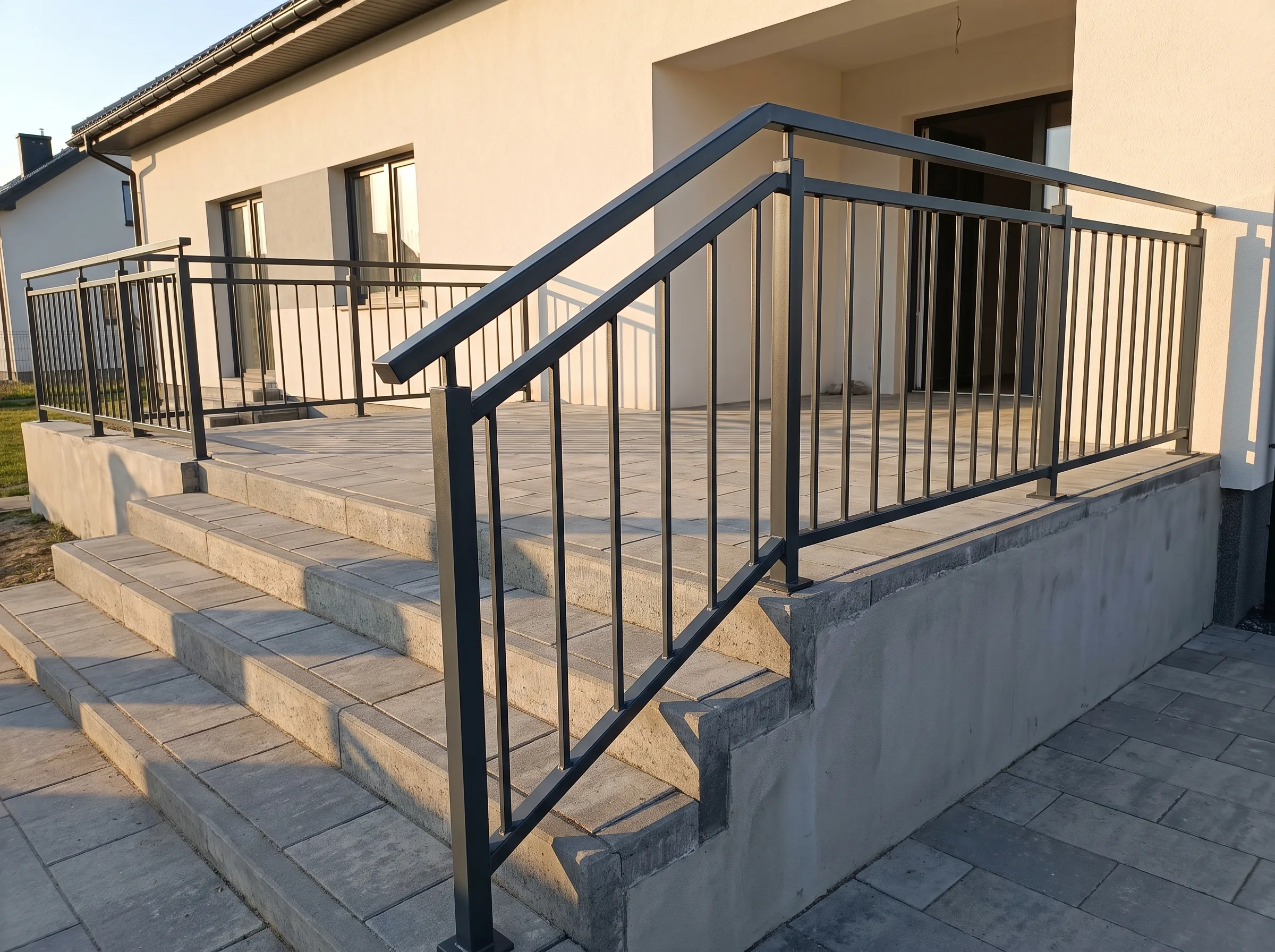 Sichtschutzgeländer aus Stahl an einer Treppe mit Putzfassade
