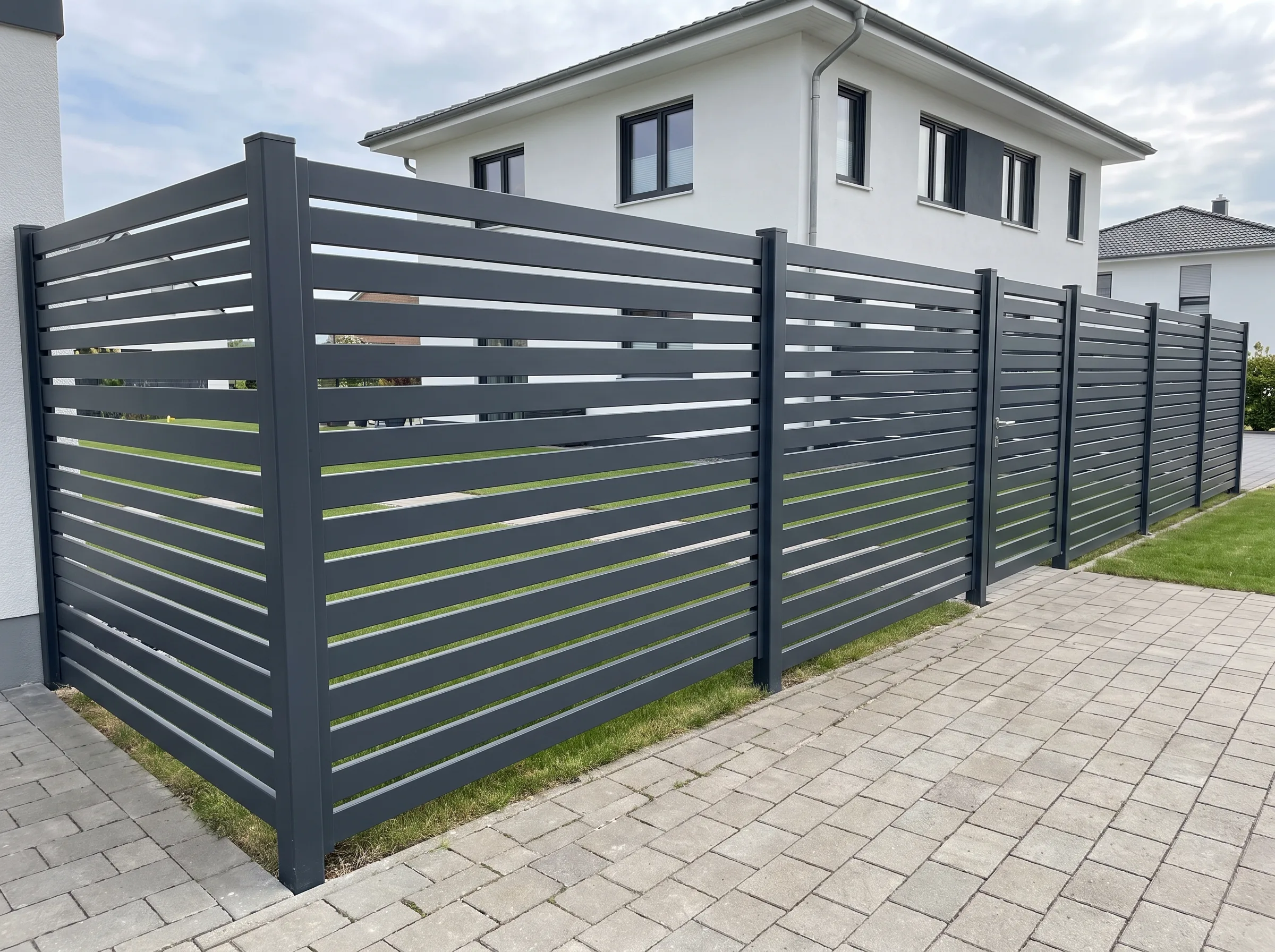 Moderner Sichtschutzzaun aus WPC in grau, elegant und langlebig, in gepflegtem Garten
