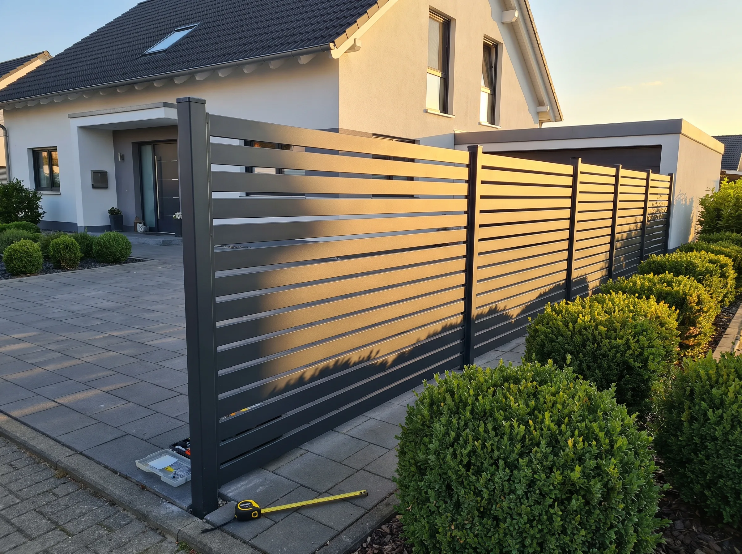 Moderner Sichtschutzzaun aus hochwertigen Materialien umgibt einen modernen Garten