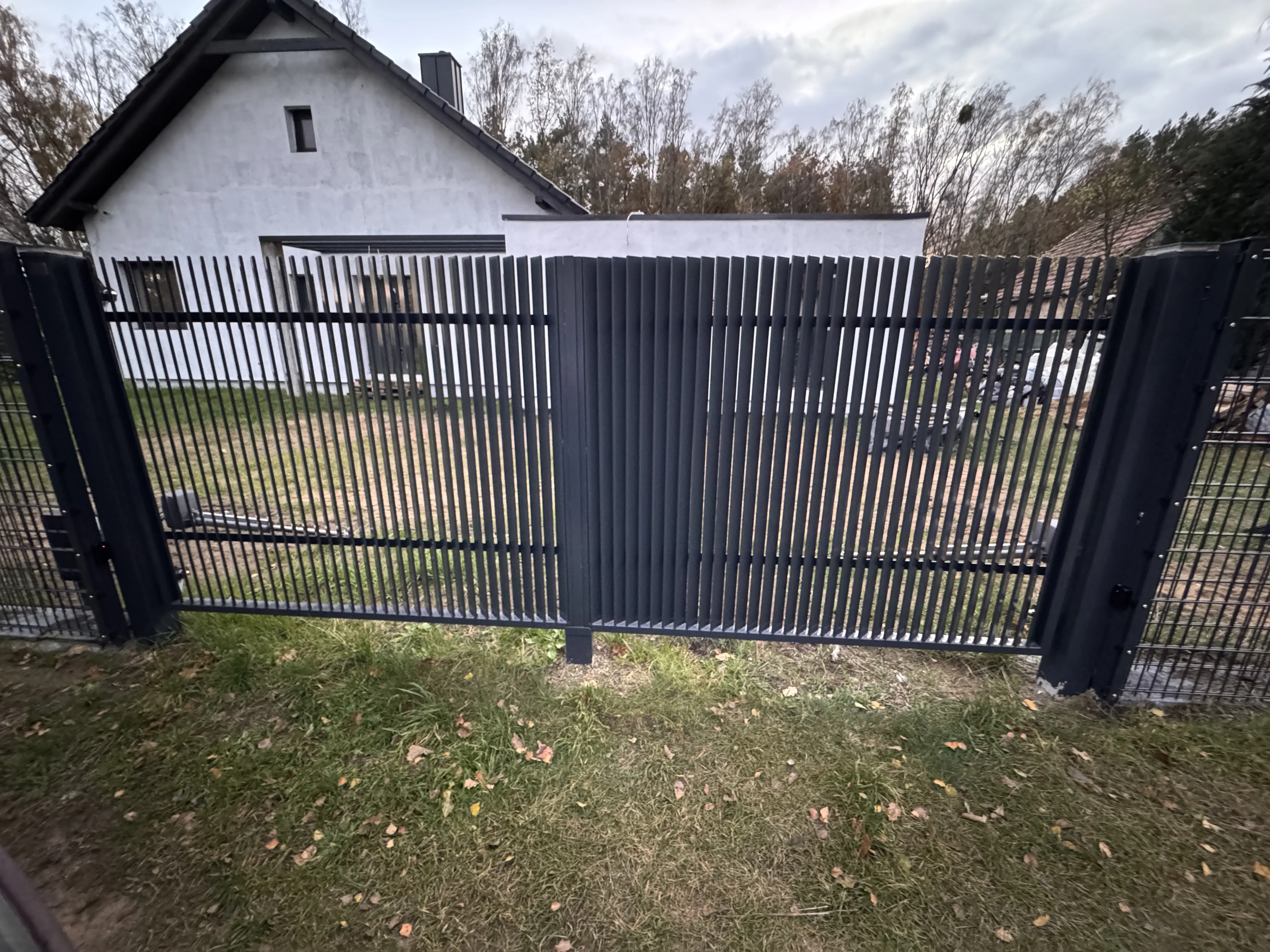 Modernes Tor mit Lamellenzaun in einem gepflegten Garten