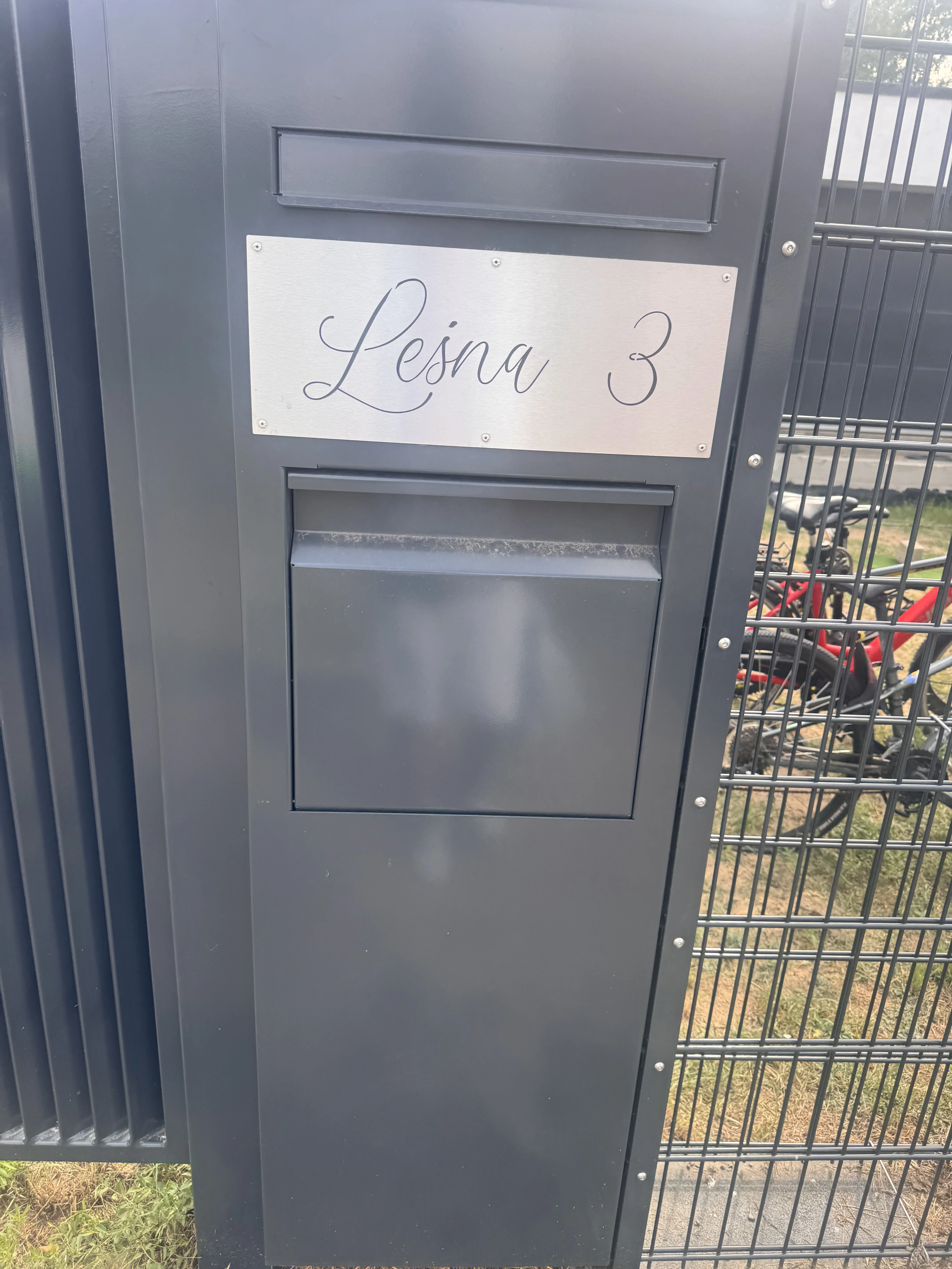 Moderne Eingangstür mit Briefkasten und Namenstafel in einem ansprechenden Zaun