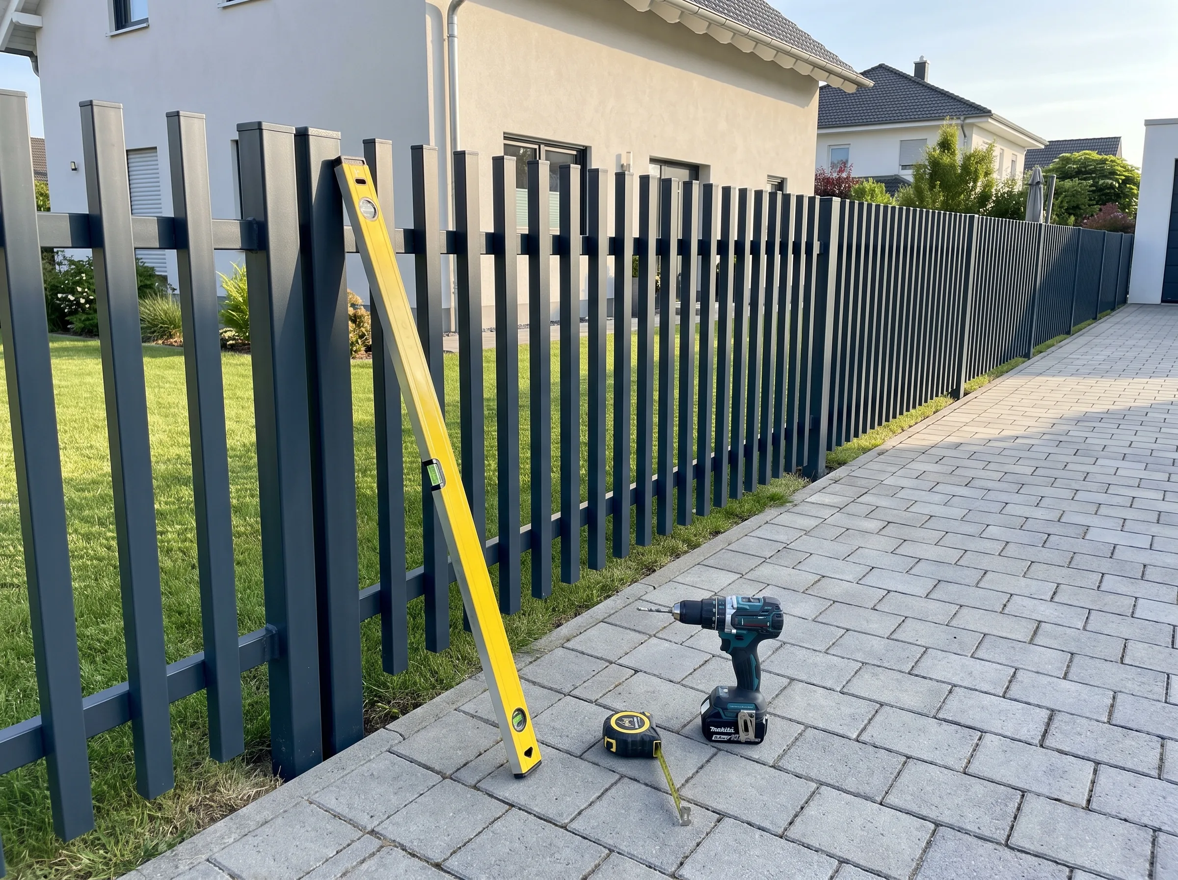 Sichtschutzzaun mit Werkzeug im Vordergrund auf einer gepflasterten Fläche
