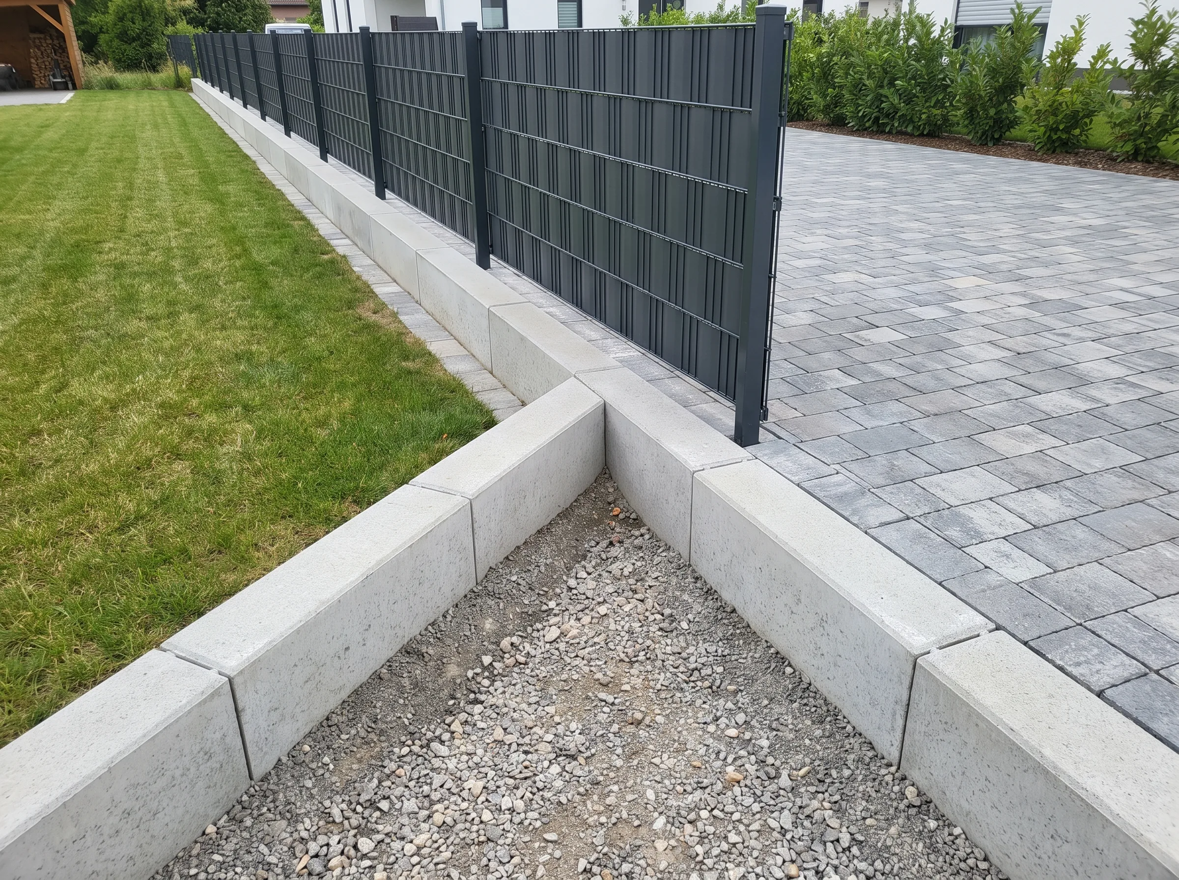 Moderner Zaun mit Betonrandsteinen auf einem Grundstück in einer Wohngegend