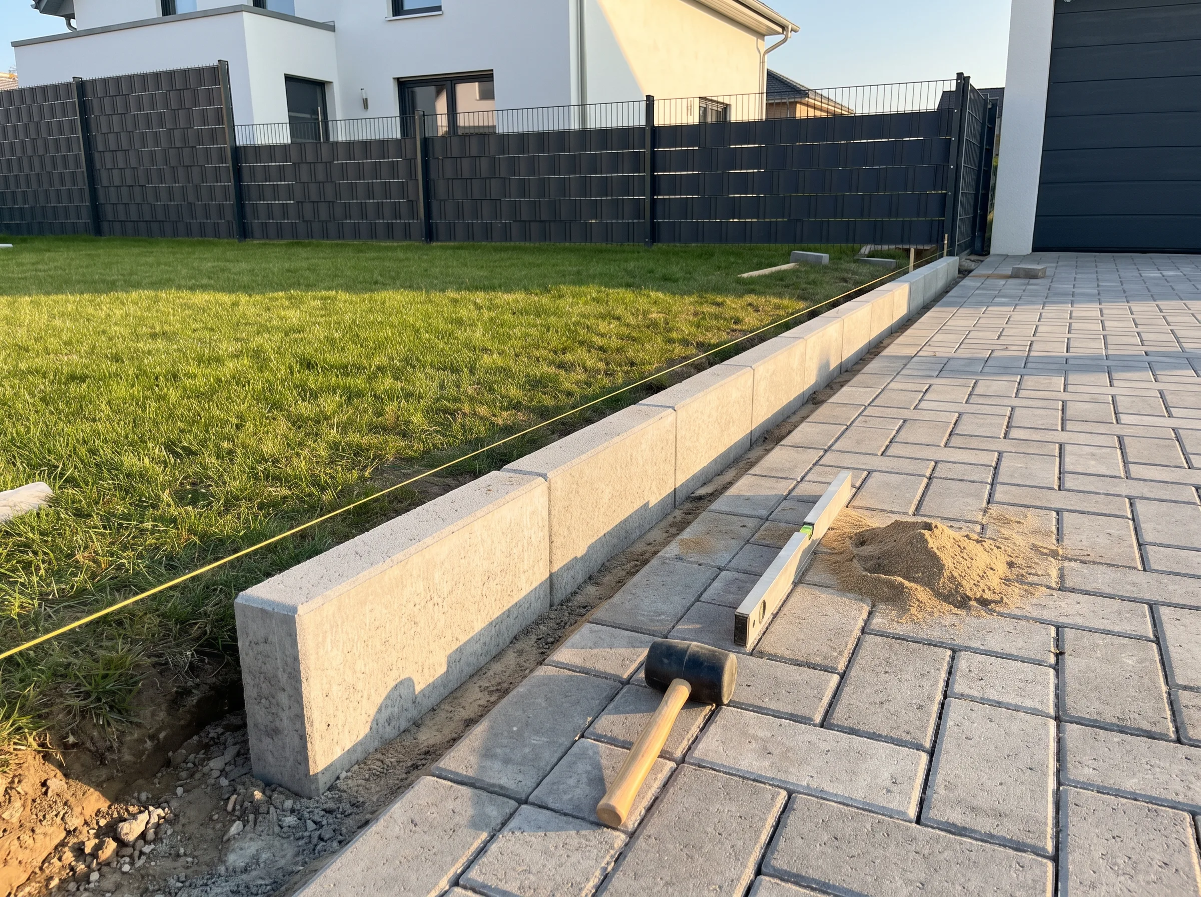 Fundament für einen Gartenzaun mit Betonsteinen und Werkzeug im Vordergrund