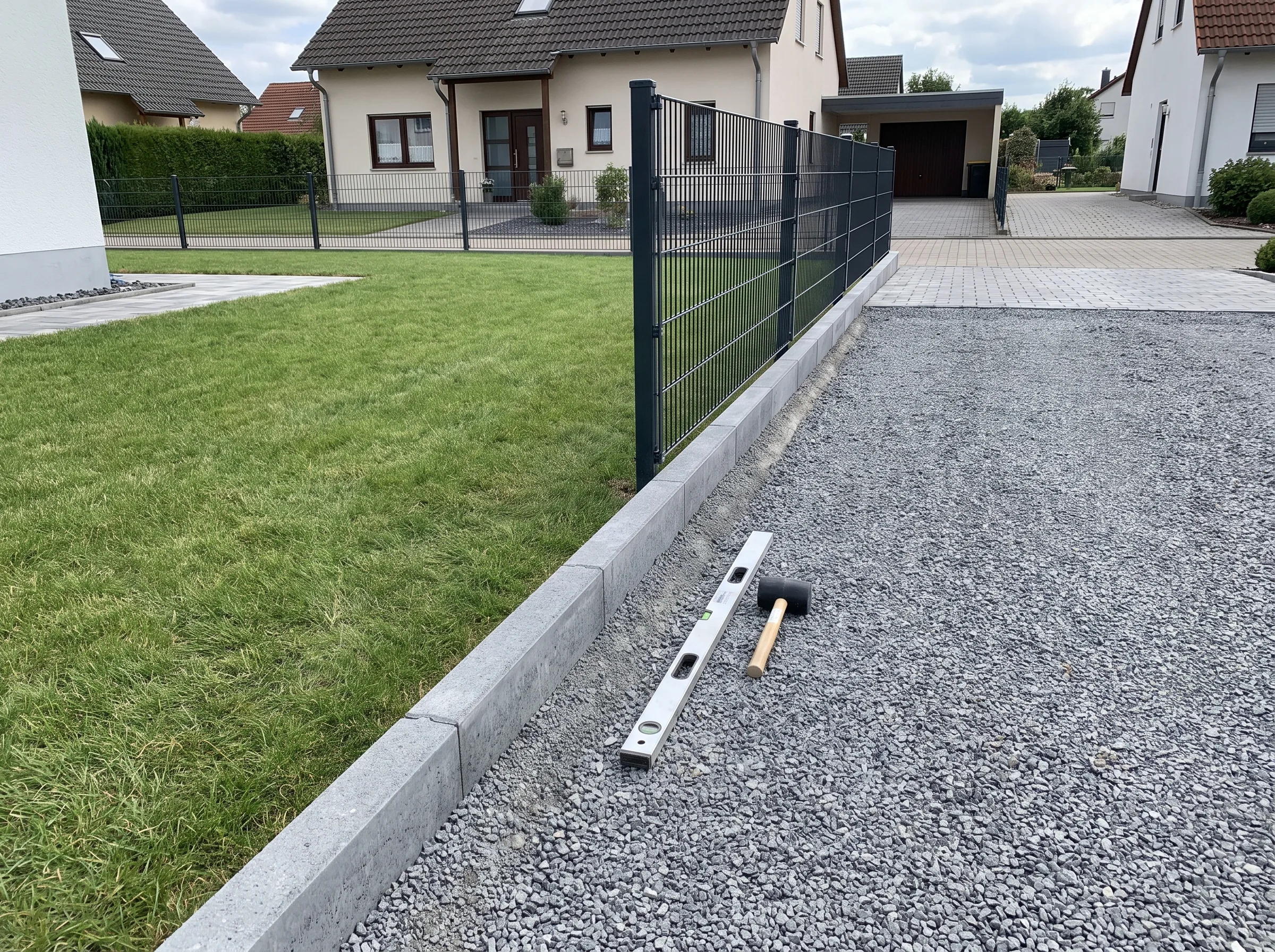 Doppelstabmattenzaun entlang des Grundstücks mit saftigem Gras und Betonfundament