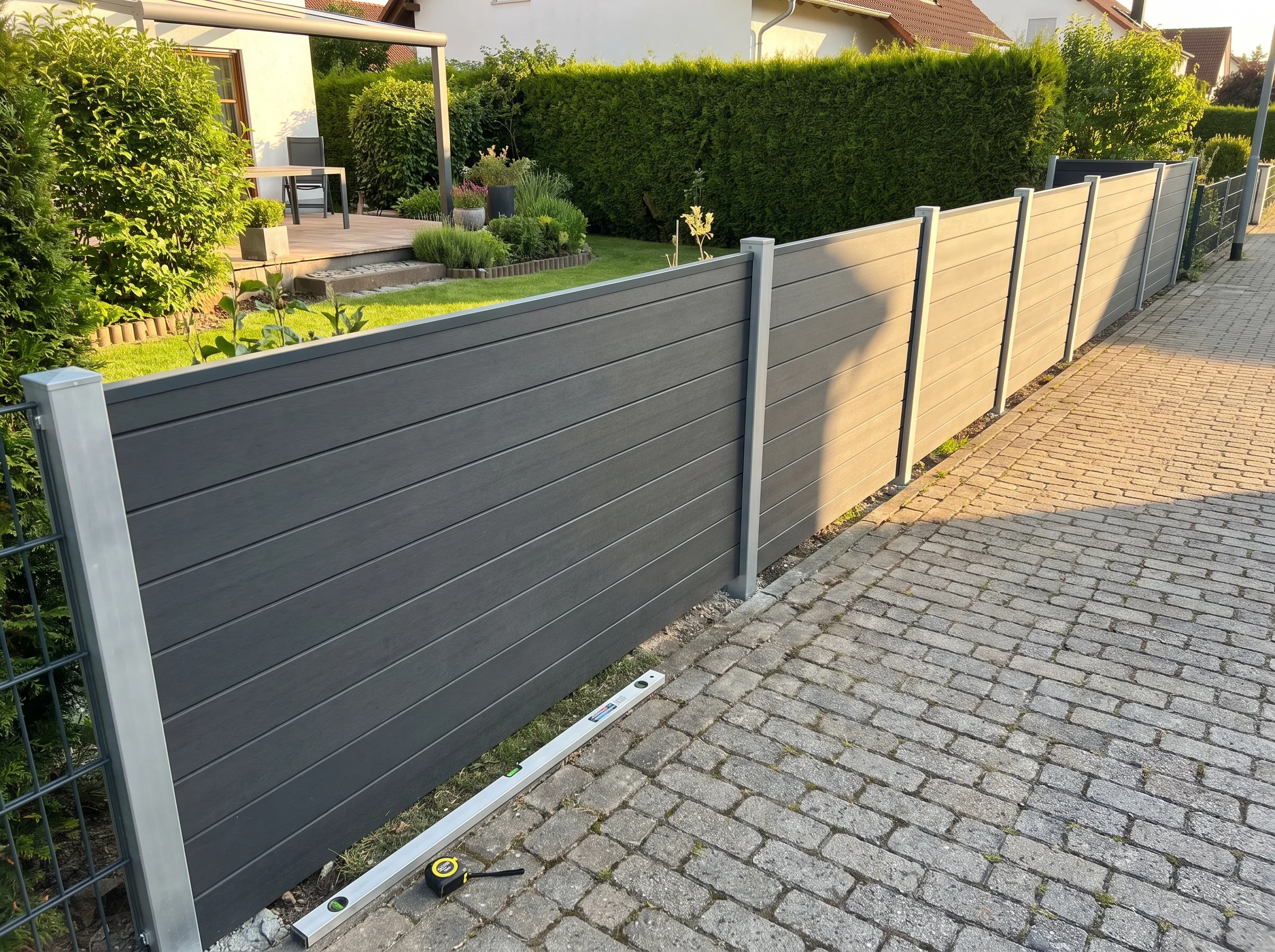 Moderner Zaun aus WPC in einem Garten, der Sicherheit und Ästhetik vereint