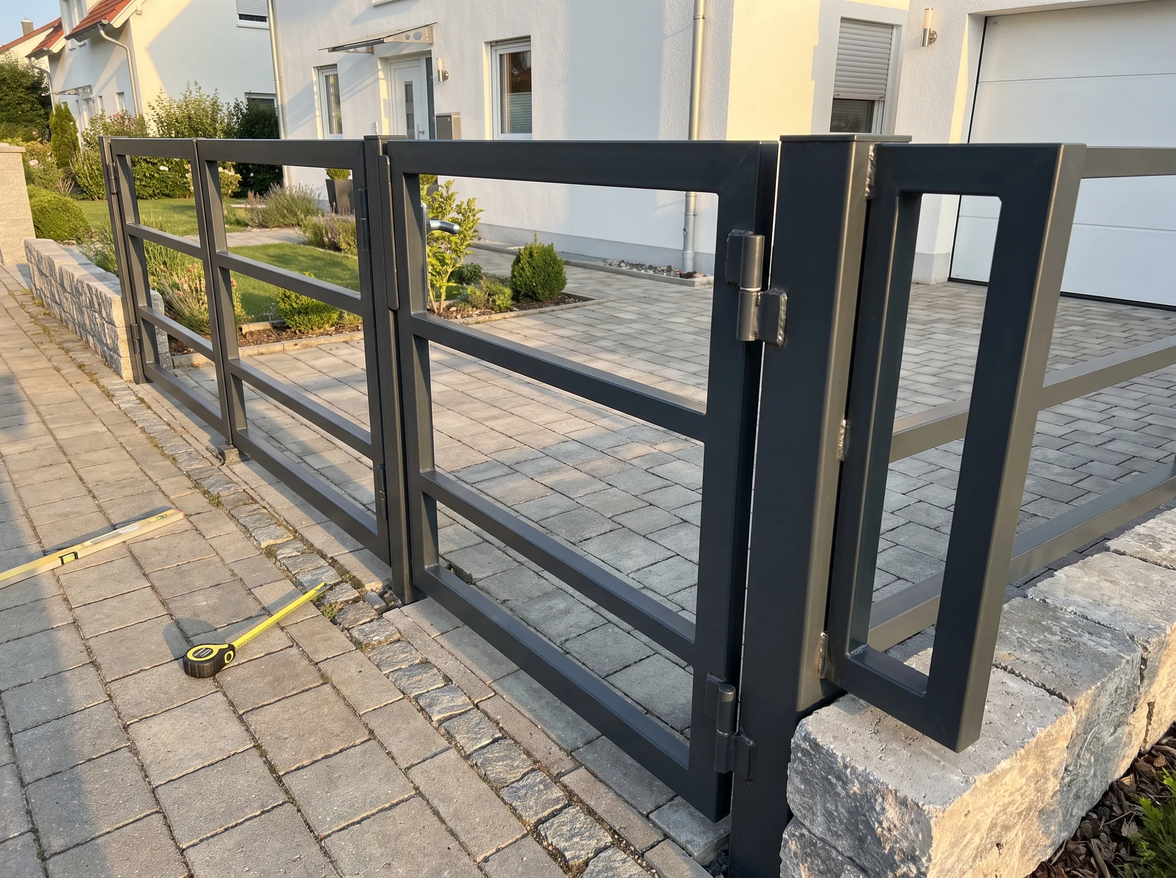 Moderner Zaun aus Metall, der mit einem Torabschluss versehen ist, umgeben von einem gepflasterten Garten