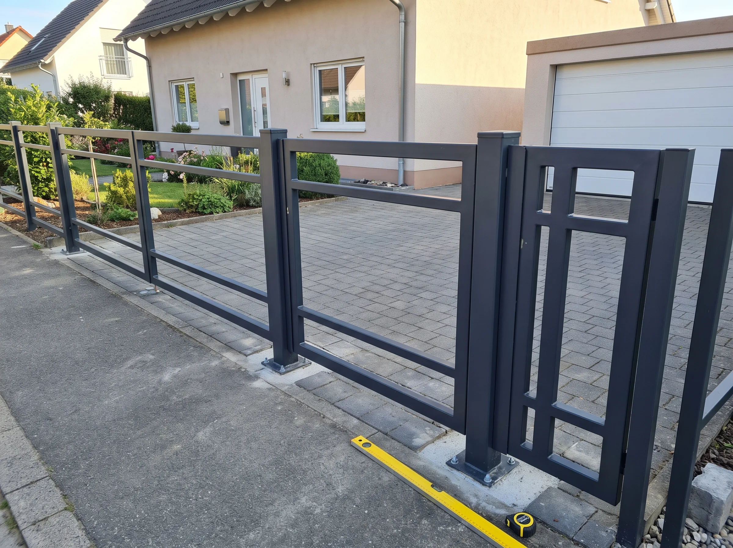 Moderner Zaun aus Metall mit stabilen Pfosten und horizontalen Elementen, ideal für Gärten