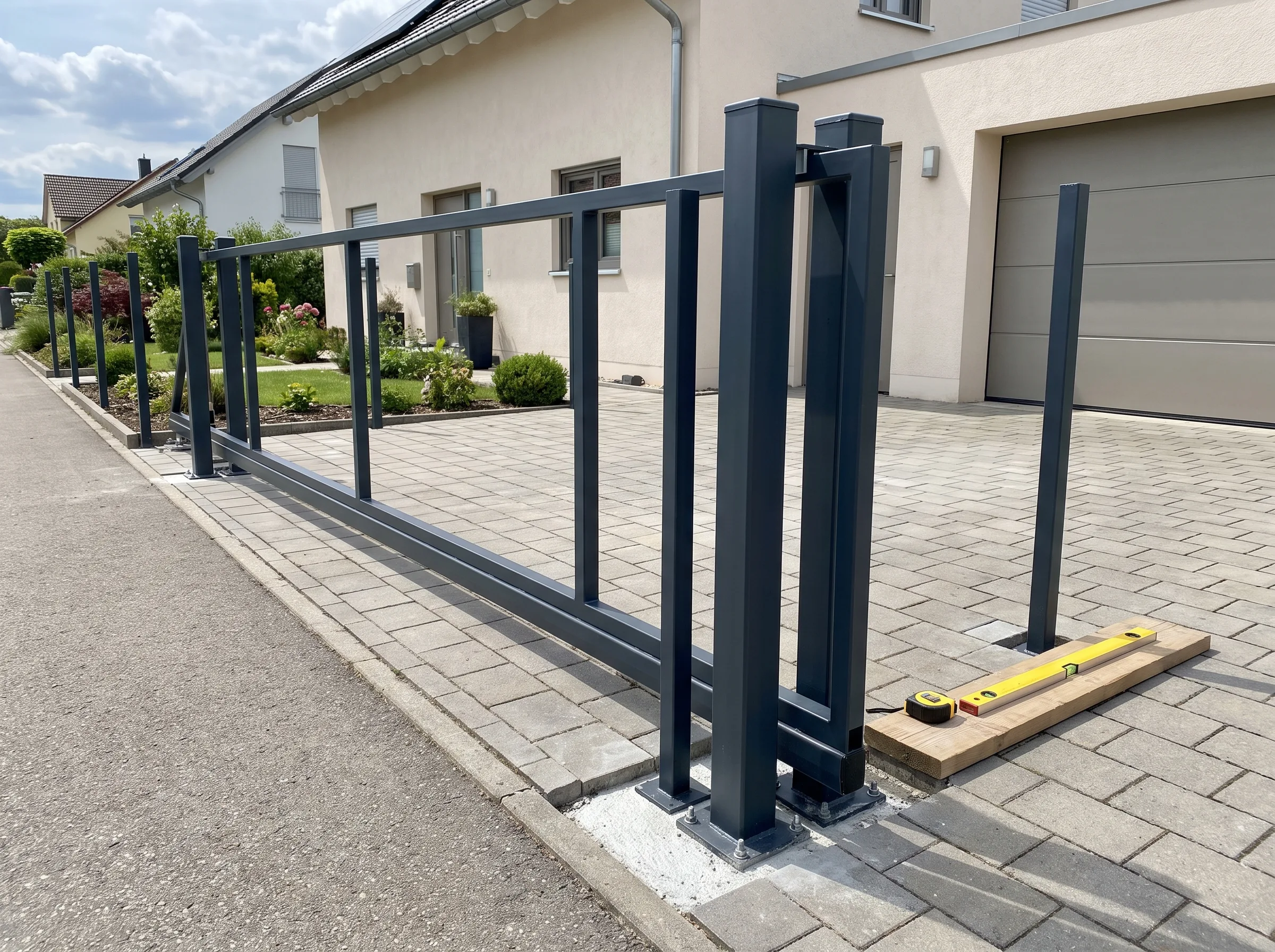 Modernes Tor mit Stahlkonstruktion auf einer gepflasterten Einfahrt