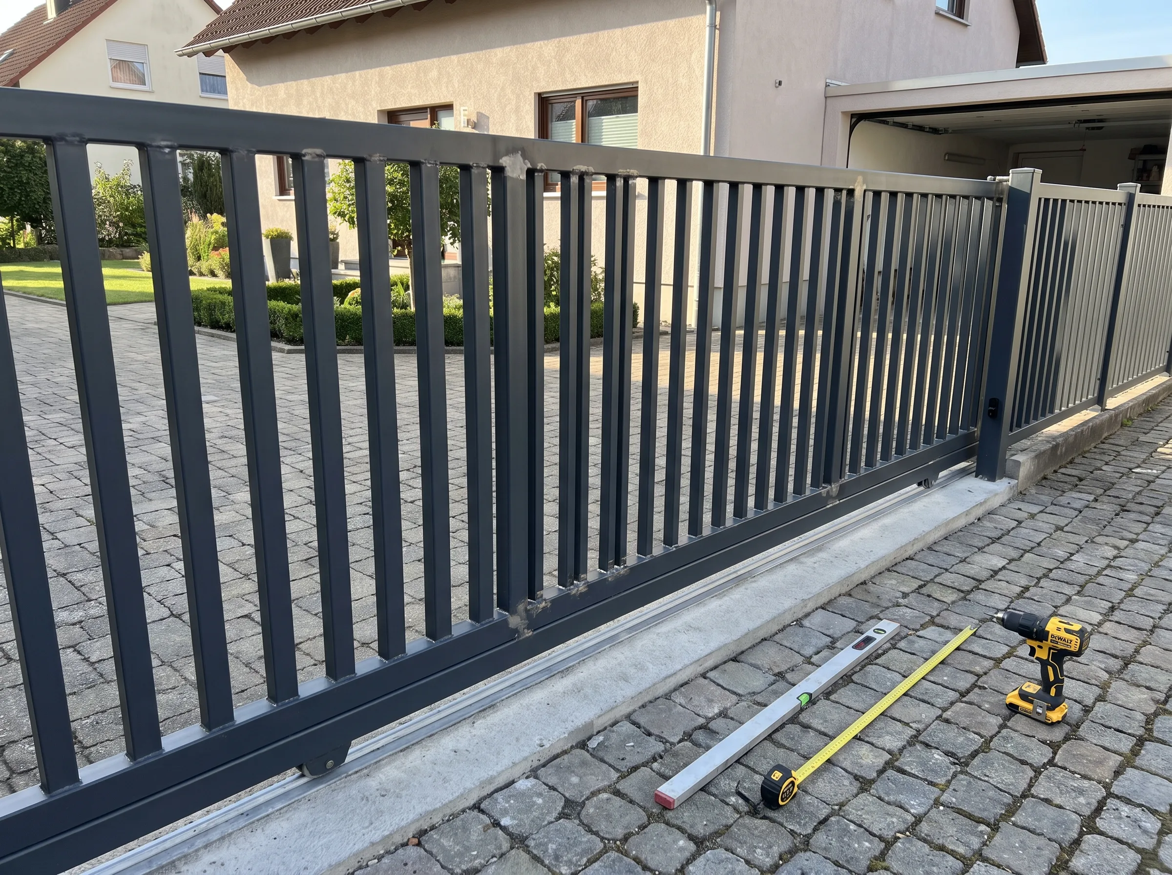 Moderne Zaunanlage mit grauen Metallzaun und Werkzeugen zur Montage