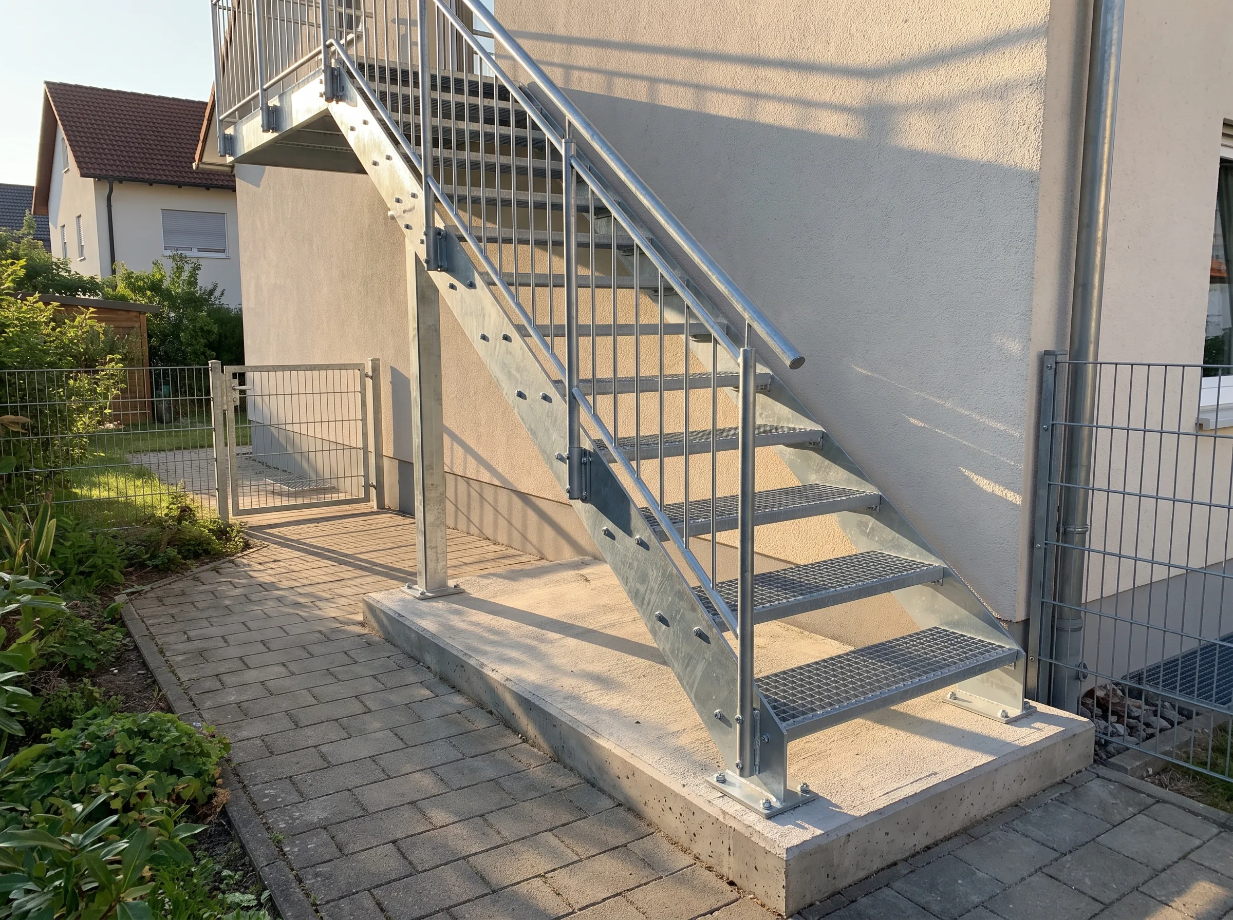 Stahltreppe außen an einem Gebäude mit Geländer und angrenzendem Gartenbereich