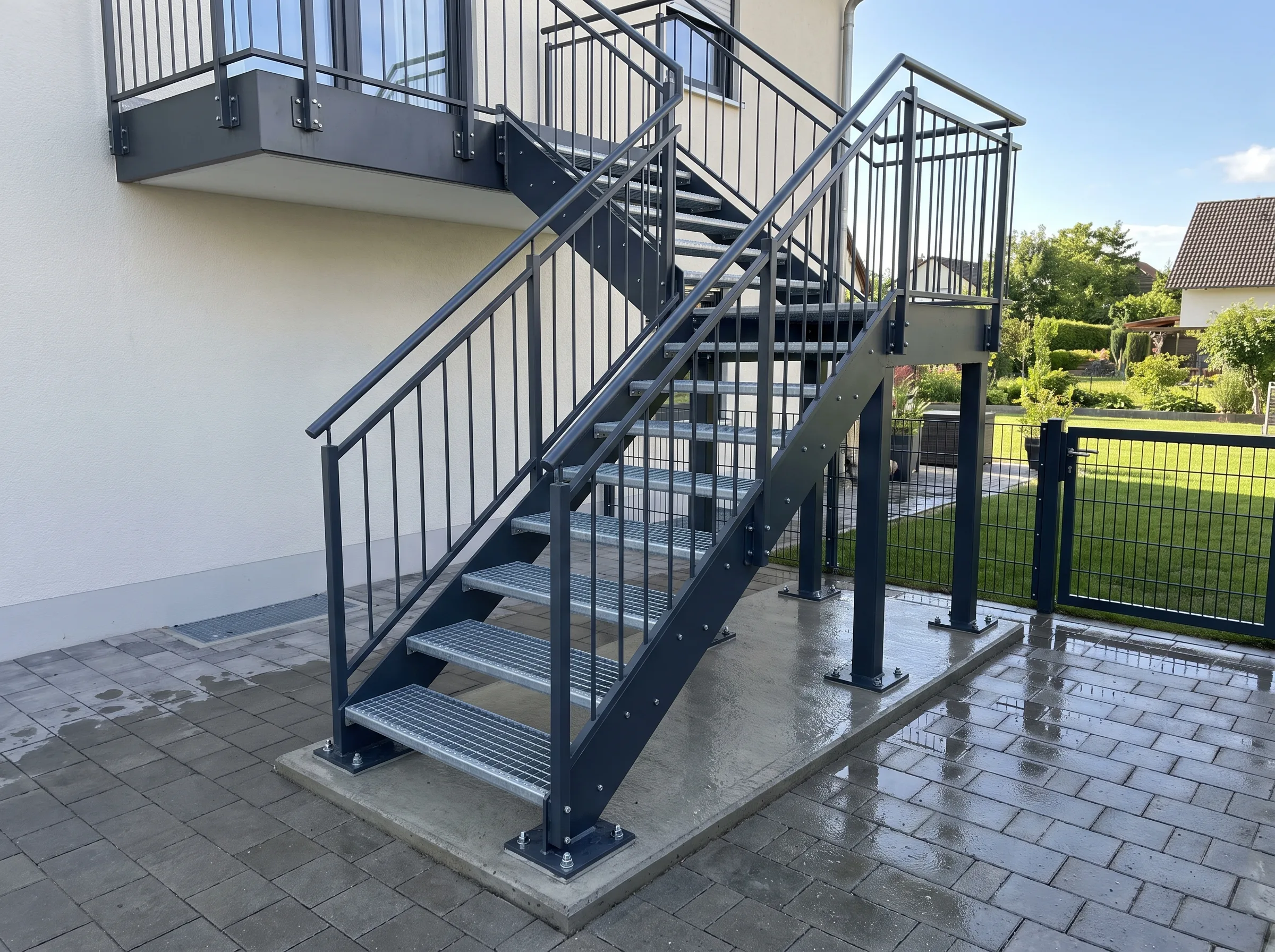 Stahltreppe mit Geländer vor einem Haus, umgeben von gepflegtem Garten und Zaun