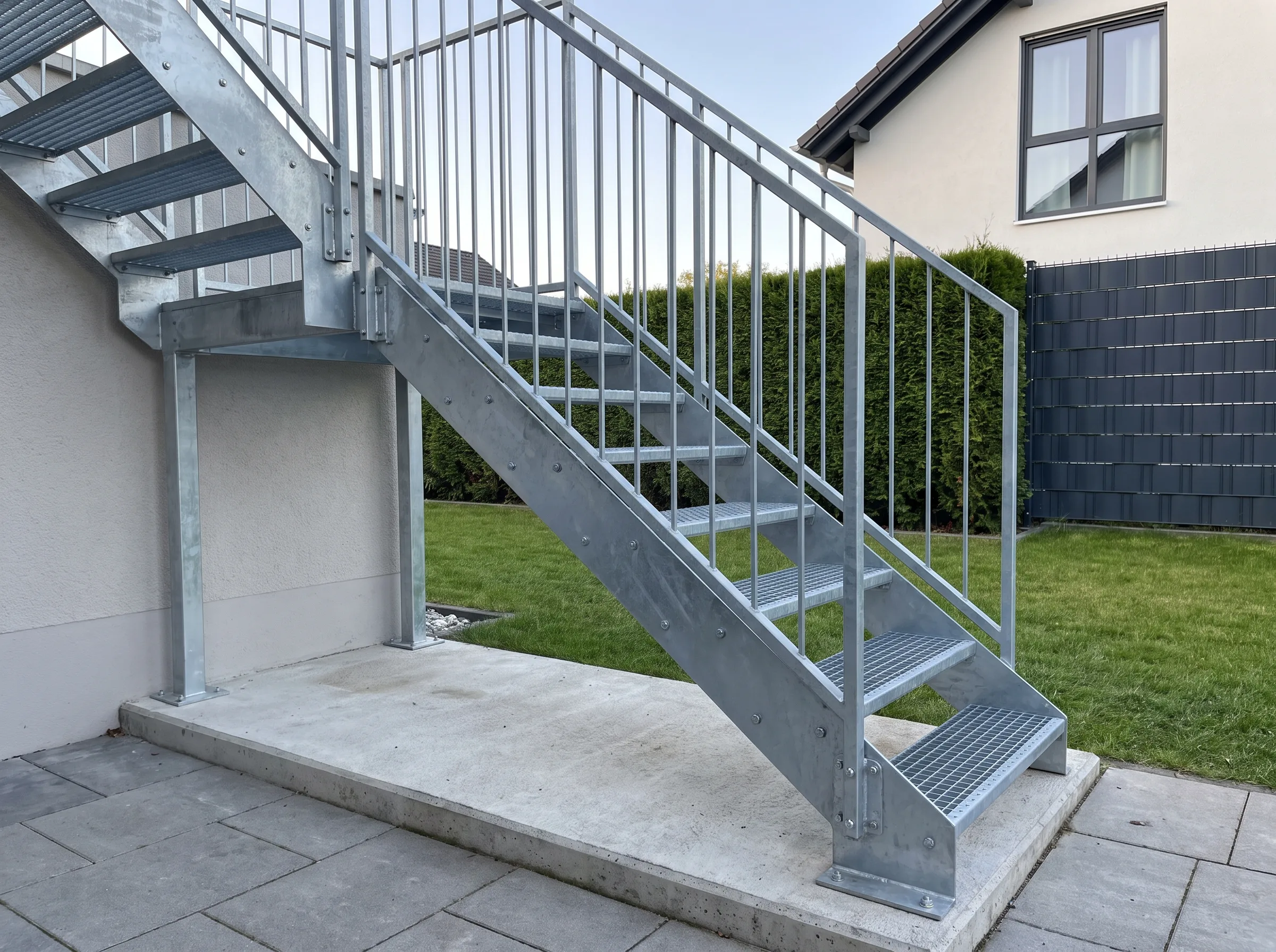Außentreppe aus Stahl mit Geländer, die zu einem modernen Haus führt