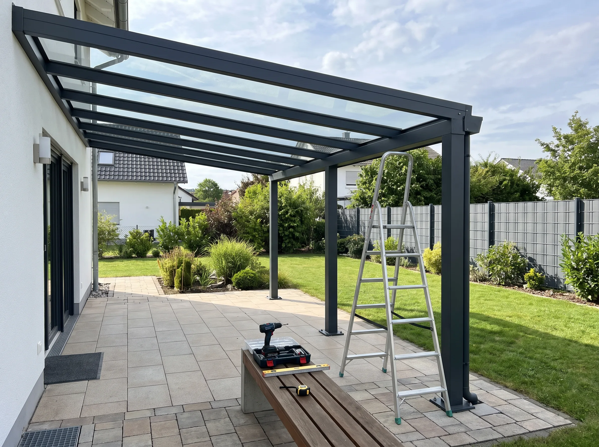 Überdachung für Terrasse mit Stahlkonstruktion und Glasdach, Leiter und Werkzeug sichtbar