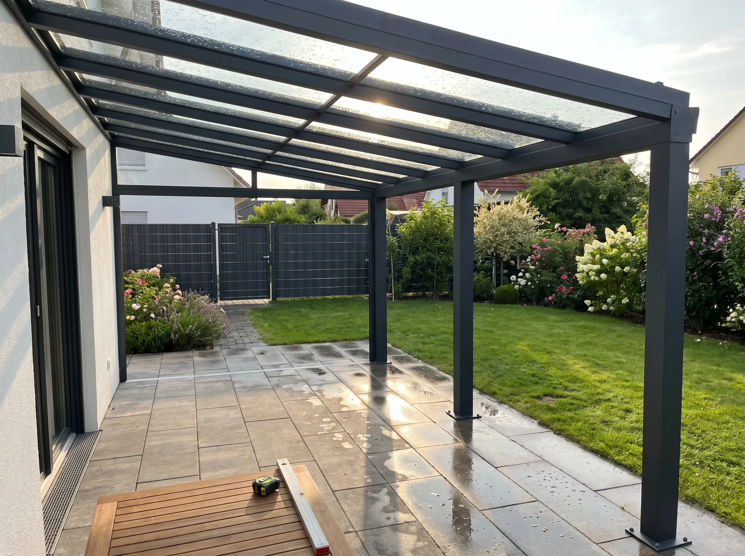 Überdachung eines Terrassenbereichs mit modernen Pfosten und klaren Wänden