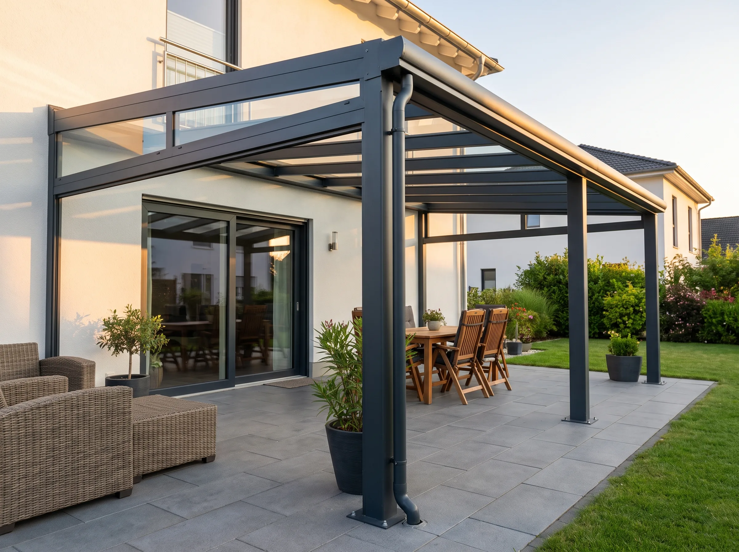 Überdachung für Terrasse mit stilvollen Möbeln und Pflanzen im Garten