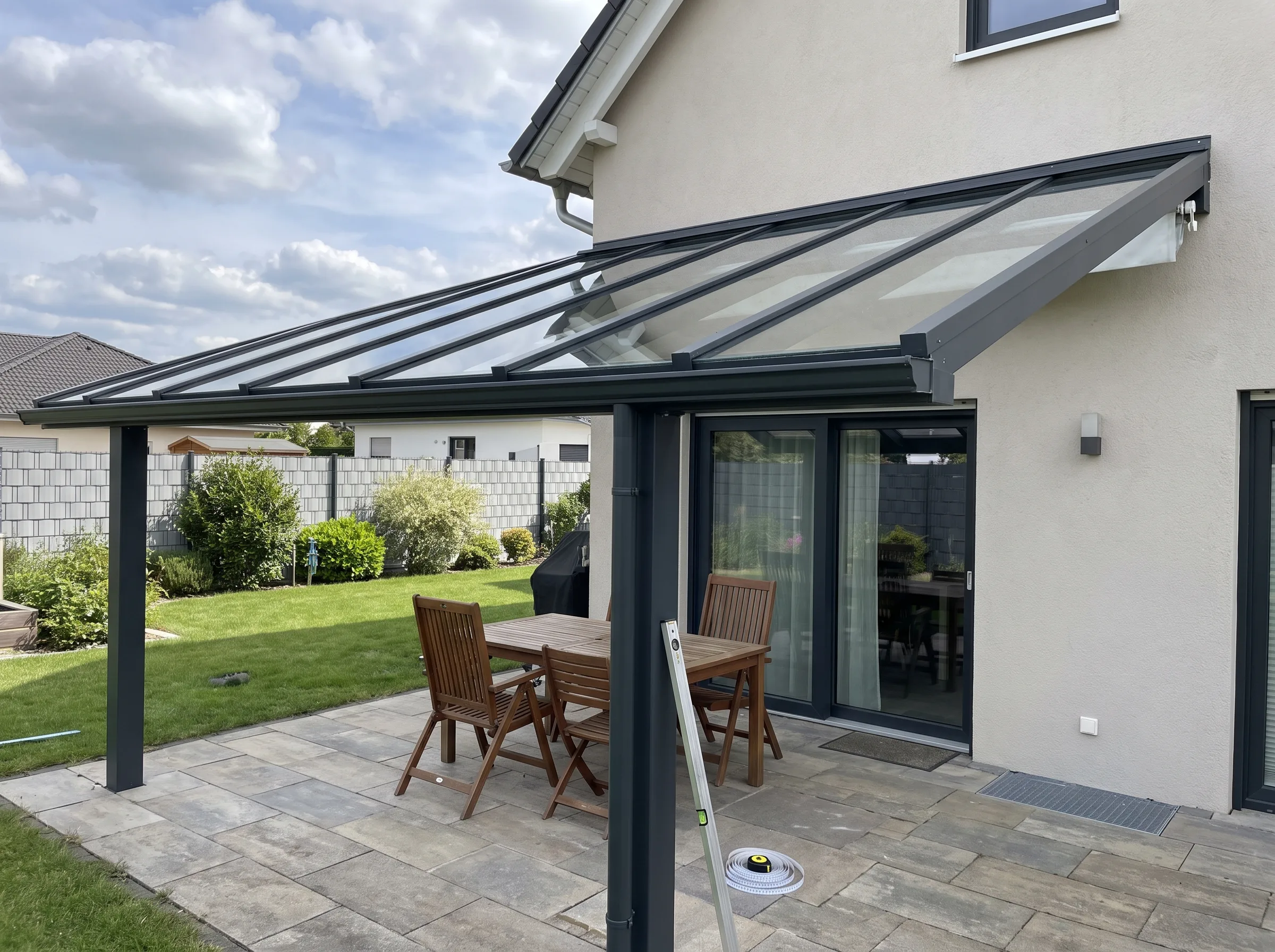 Modernes Überdachung für eine Terrasse mit Tisch und Stühlen im Garten