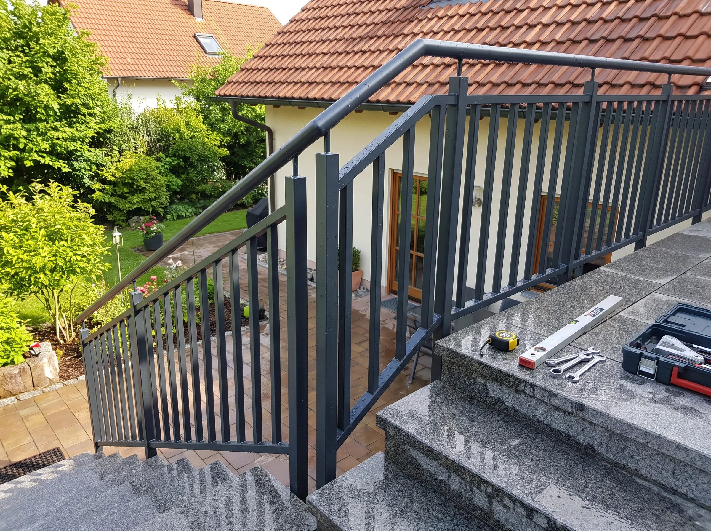Moderner Balkongeländer aus Metall an einer Treppe mit Gartenansicht