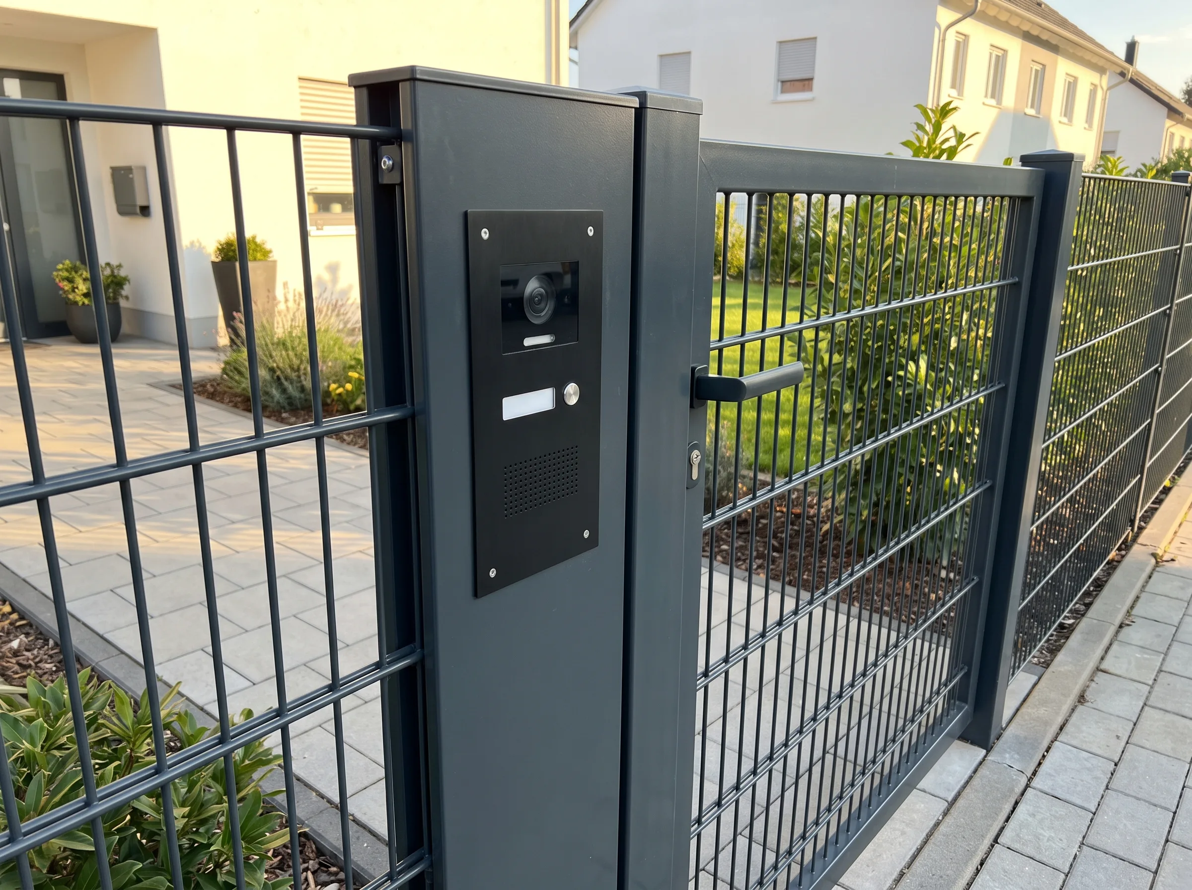 Modernes Zauntor mit integriertem Türsprechanlage in einem Garten