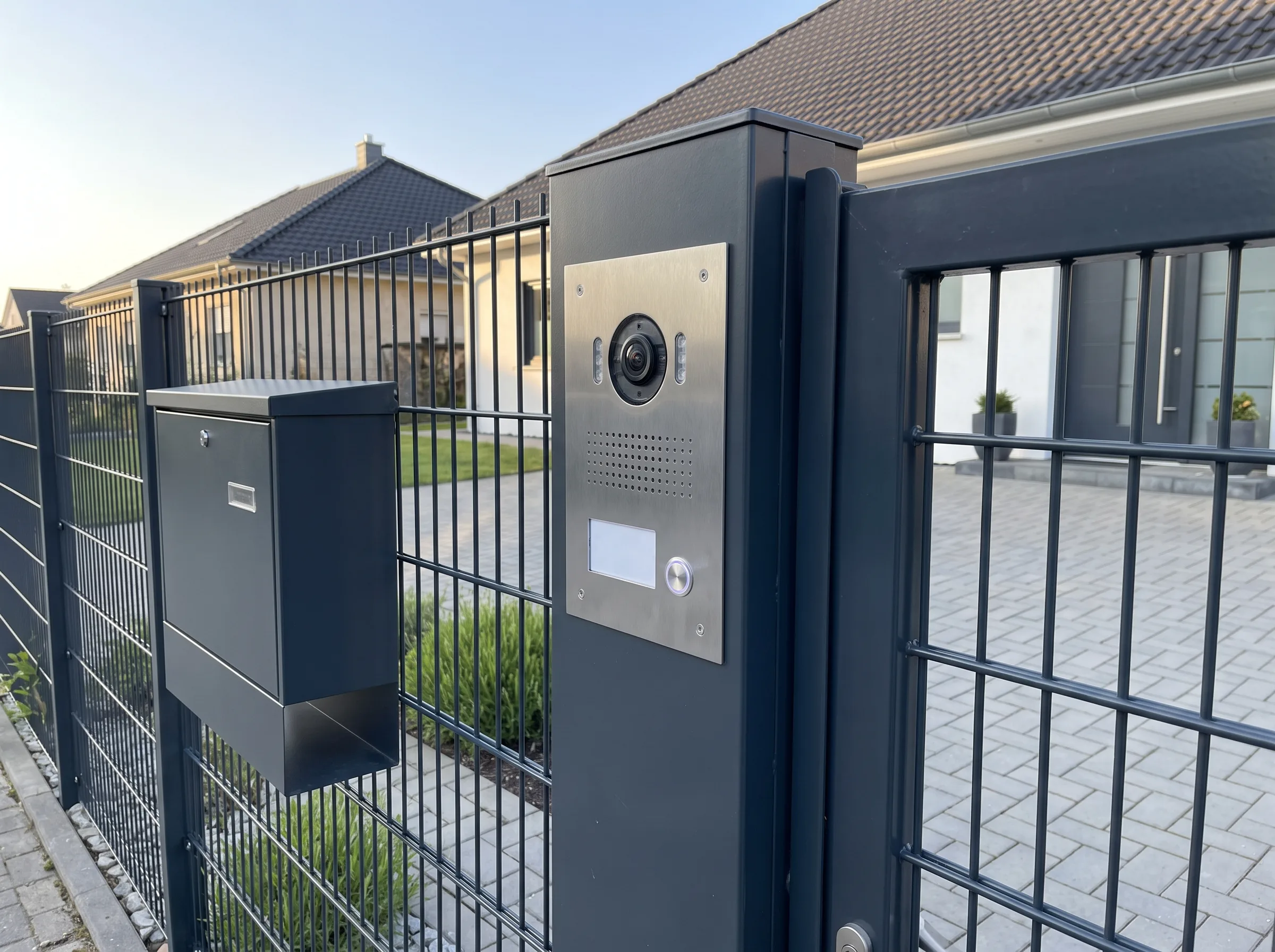 Postfach und Türsprechanlage an einem modernen Zaun