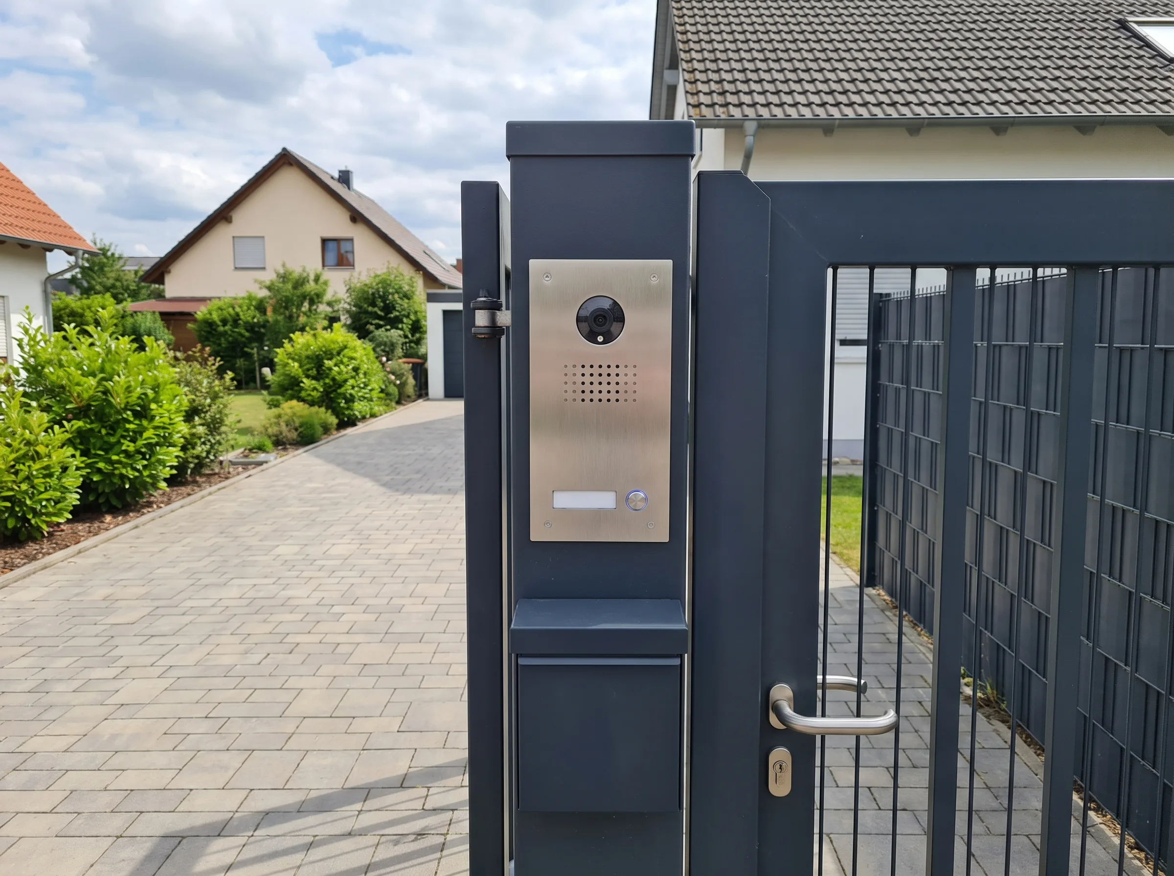 Moderne Türsprechanlage an einem Gartentor mit stilvollem Zaun im Hintergrund