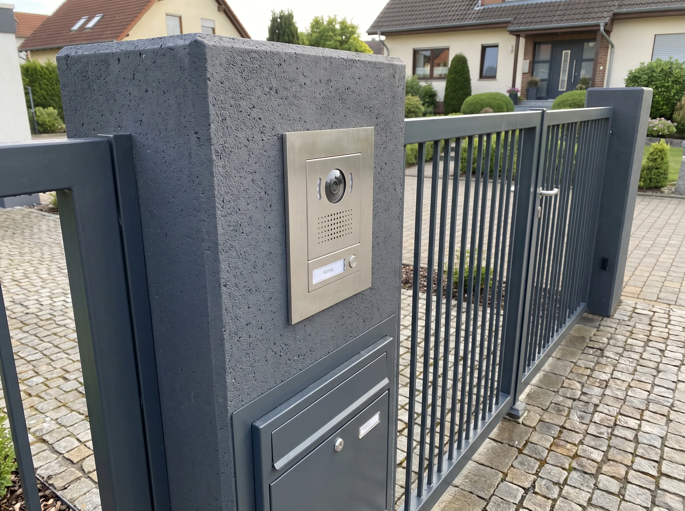Sichtschutzzaun mit integriertem Briefkasten und Türsprechanlage im Eingangsbereich
