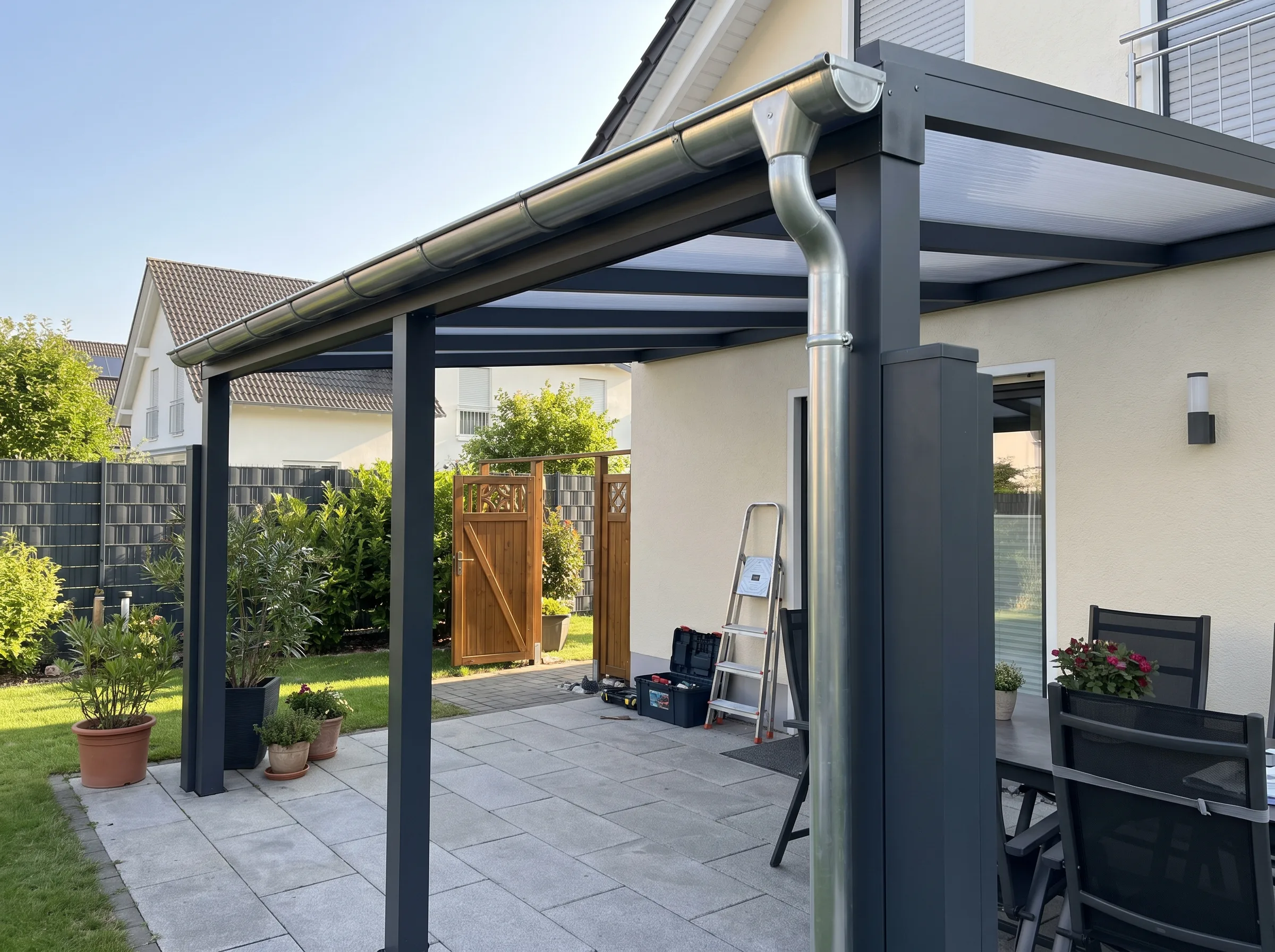 Moderne Terrassenüberdachung mit Gartentor und Sitzbereich im Hintergrund