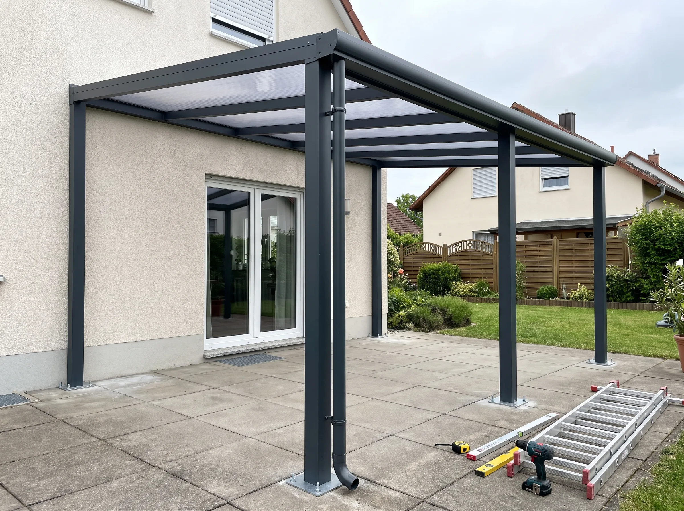 Moderne Terrassenüberdachung aus Stahl mit klaren Linien und strukturiertem Dachdesign