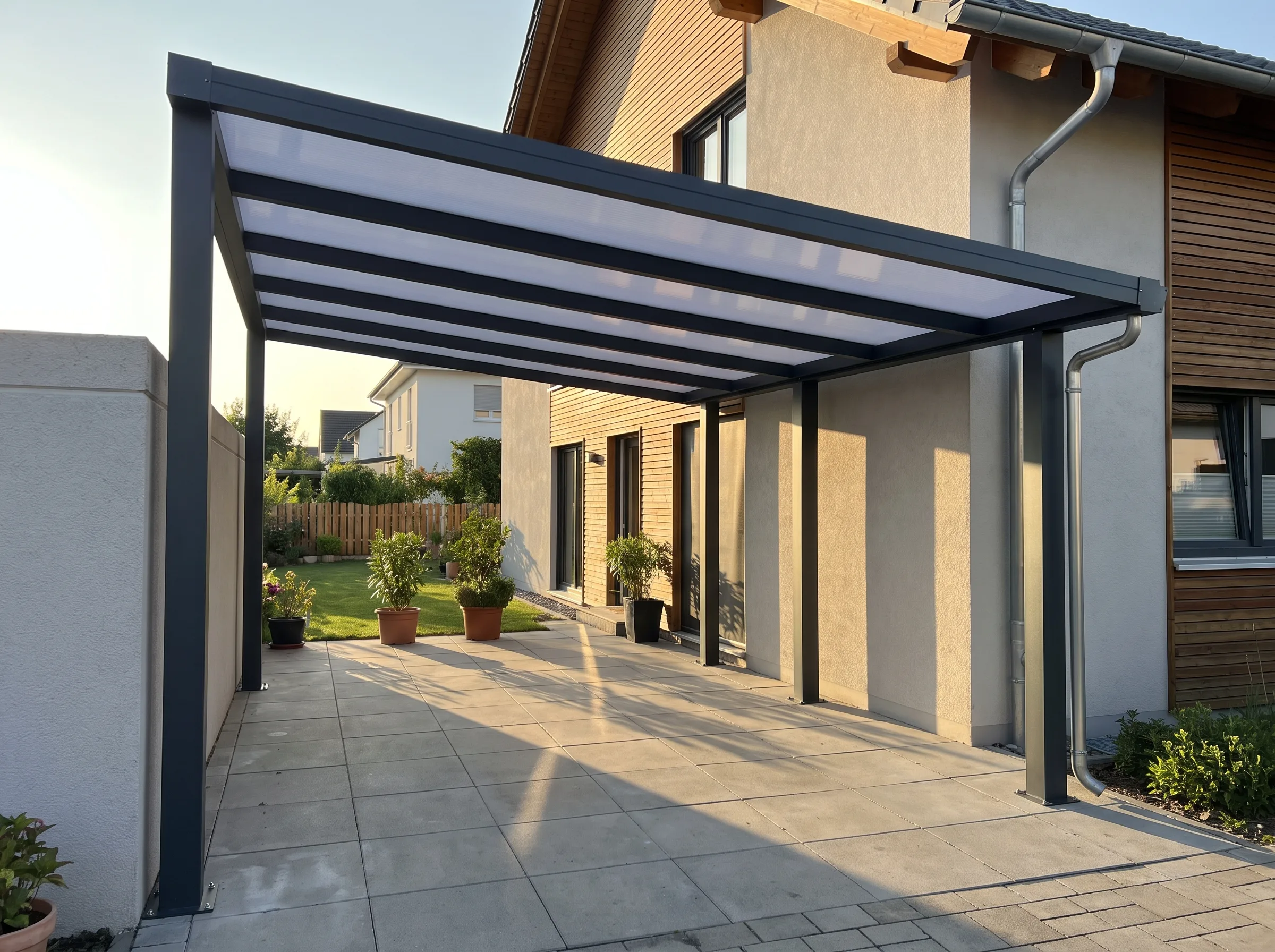 Modernes Carport mit transparentem Dach über einem gepflasterten Bereich
