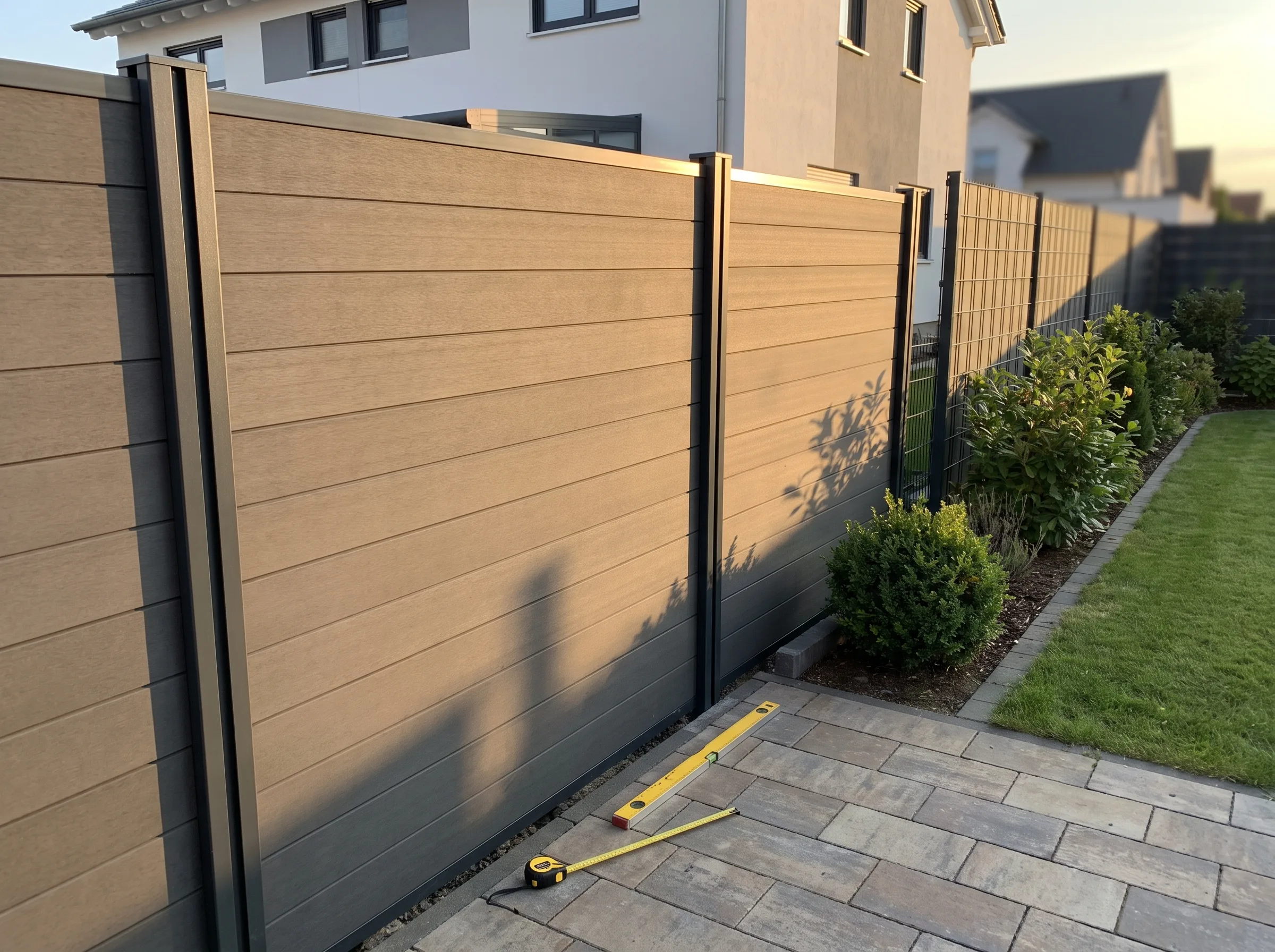 Moderner WPC Sichtschutzzaun im Garten mit Maßband und Pflanzen