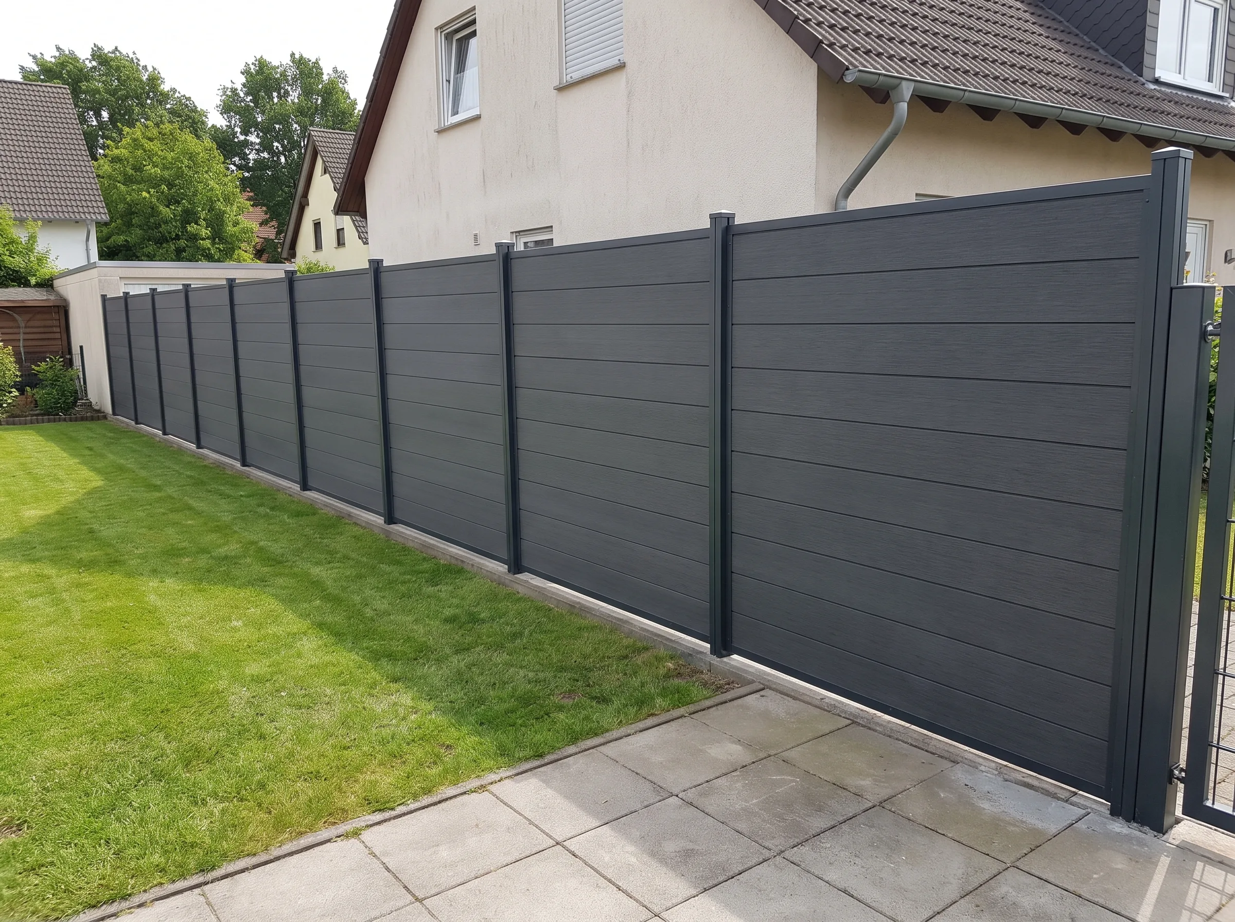 Moderner WPC Zaun um einen gepflegten Garten mit grünem Rasen