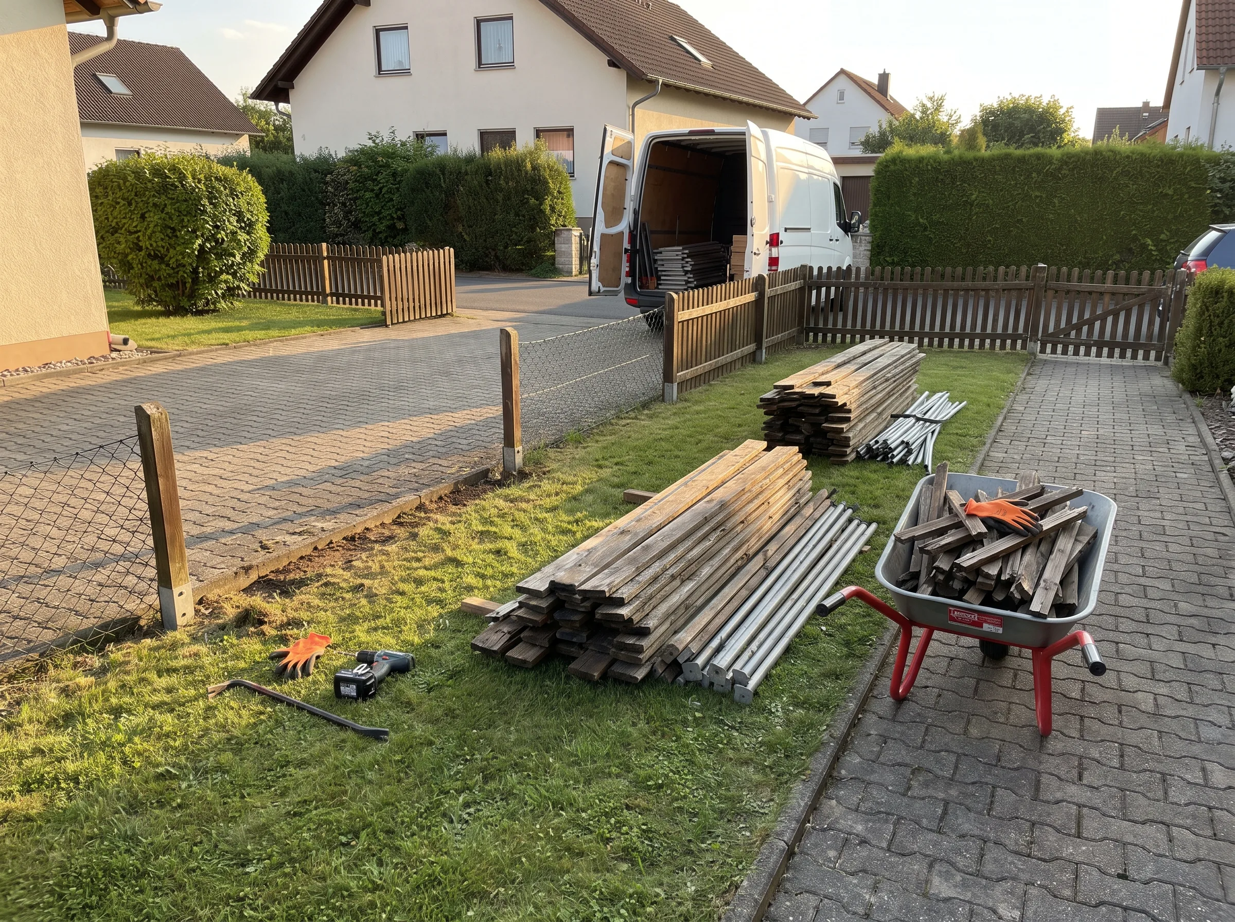 Materialien für den Zaunbau im Vordergrund, Garten mit Werkzeug und einem Lieferwagen im Hintergrund