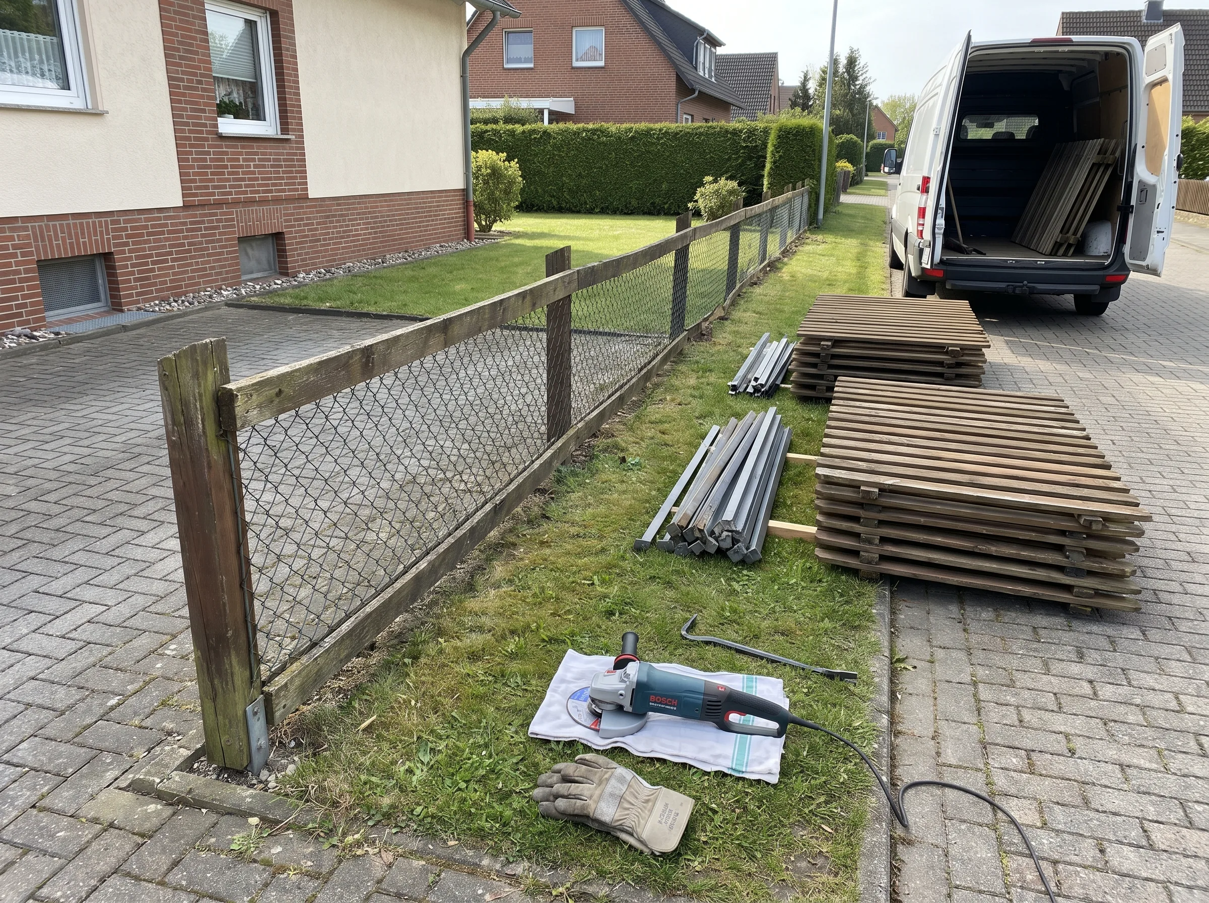 Holz und Drahtzaun mit Werkzeugen für die Zaunmontage